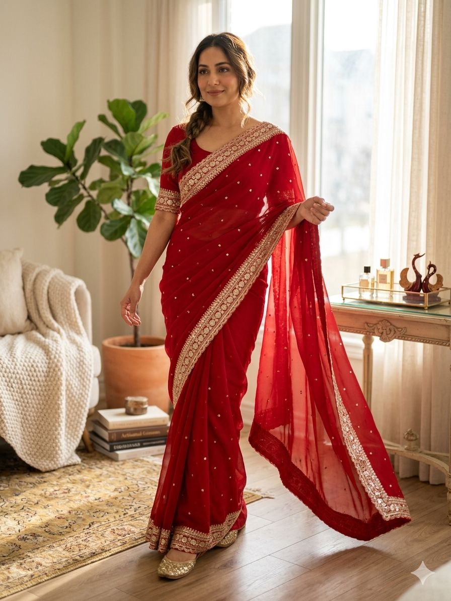✨ Elegant Pure Georgette Designer Saree with Sequence & Dori Embroidery Lace Border ✨