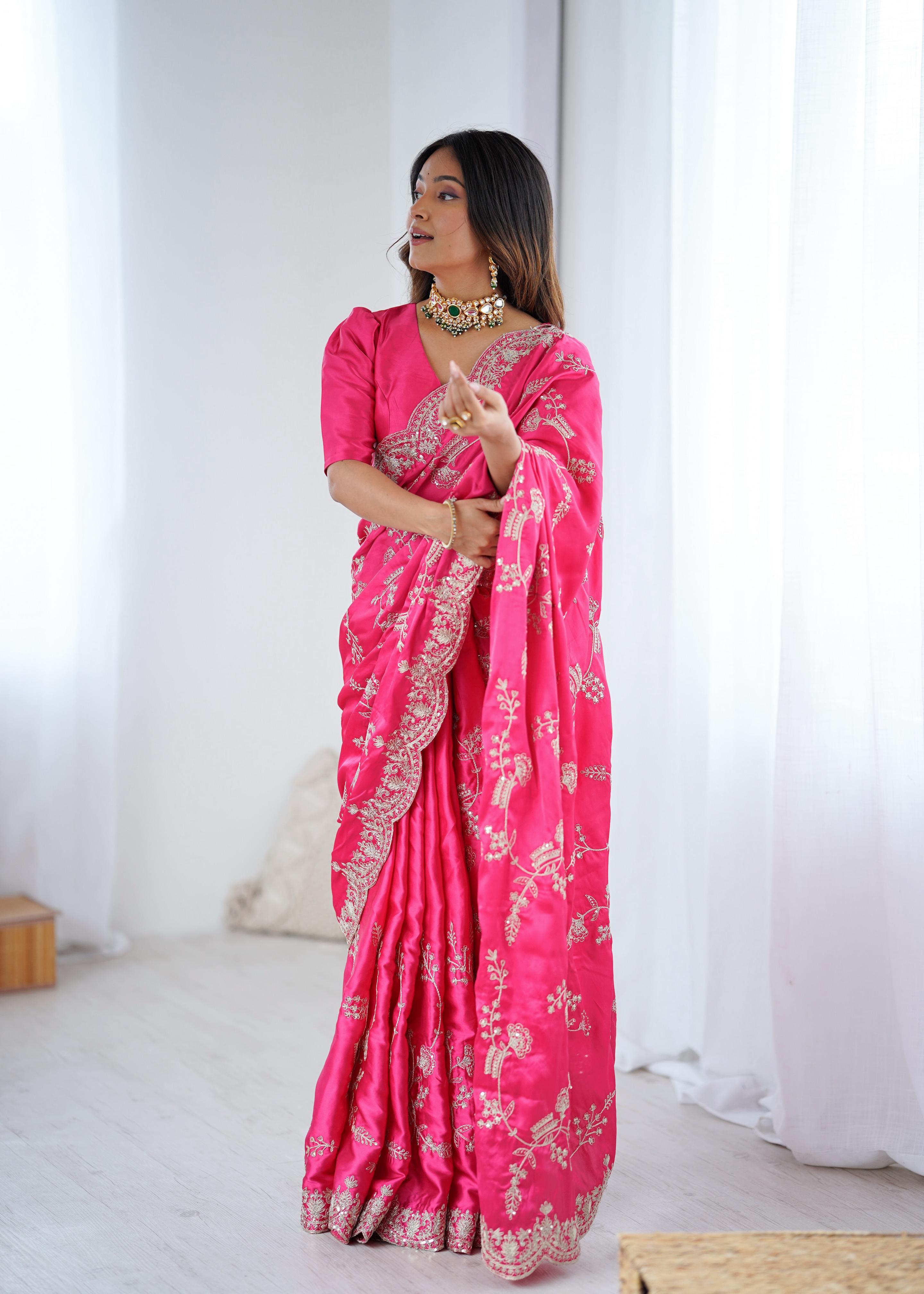 Designer Japan Satin Silk Saree with Sequins Coding Embroidery Work ✨