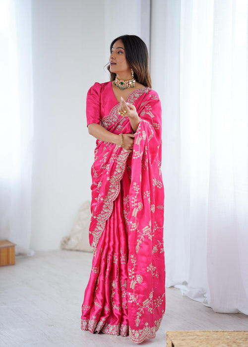 Designer Japan Satin Silk Saree with Sequins Coding Embroidery Work ✨
