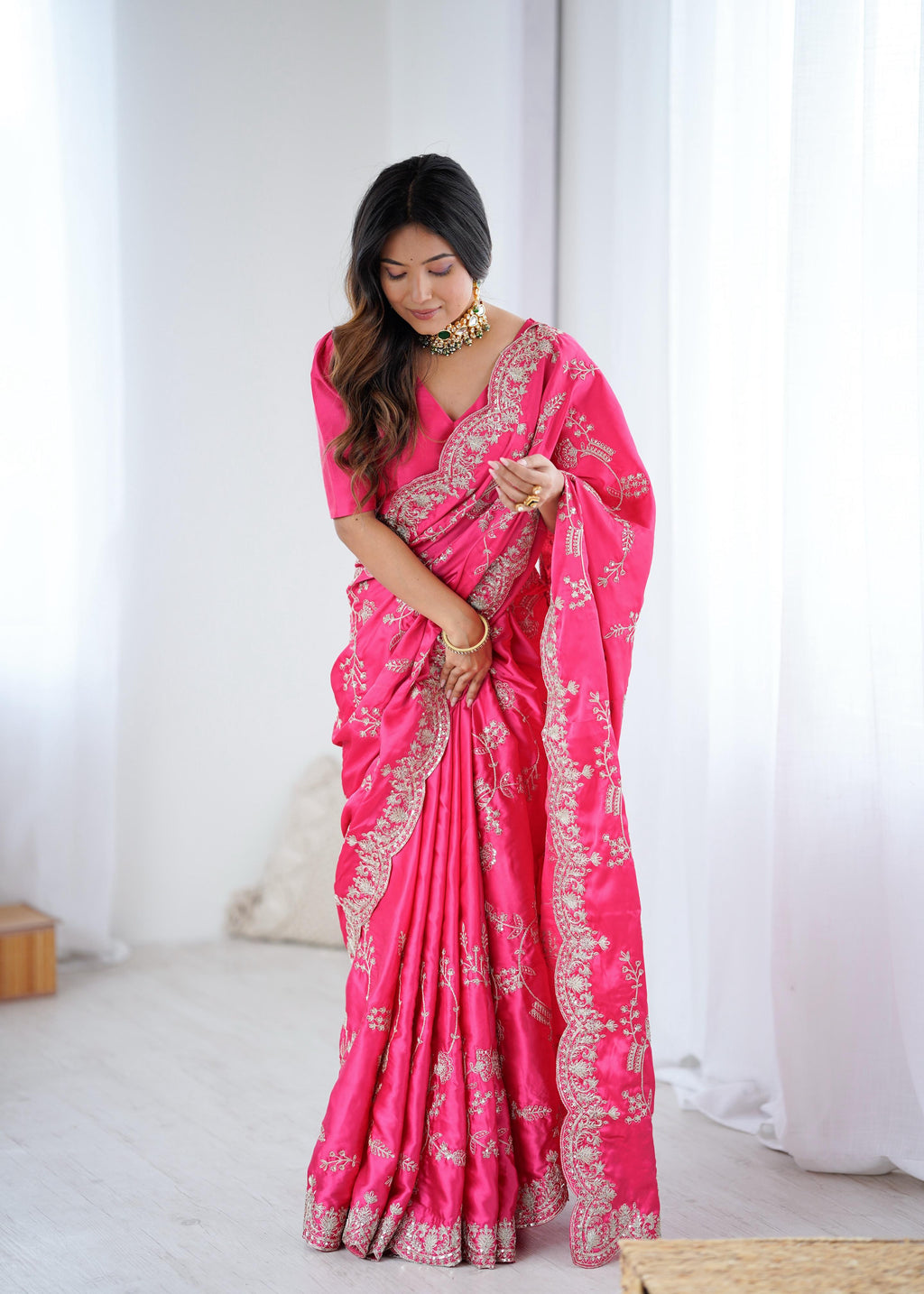 Designer Japan Satin Silk Saree with Sequins Coding Embroidery Work ✨