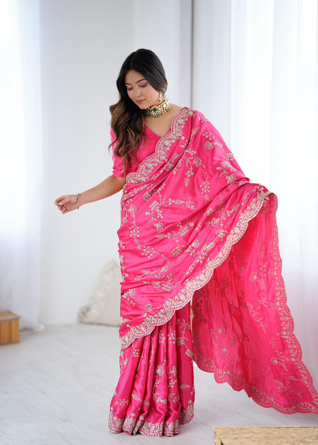 Designer Japan Satin Silk Saree with Sequins Coding Embroidery Work ✨