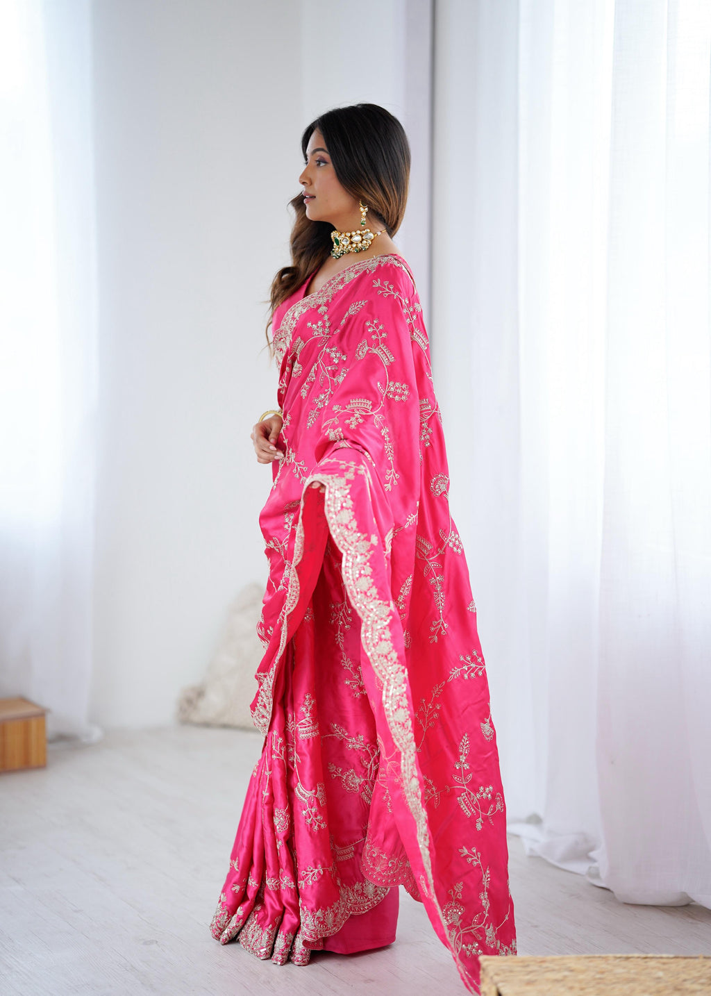 Designer Japan Satin Silk Saree with Sequins Coding Embroidery Work ✨