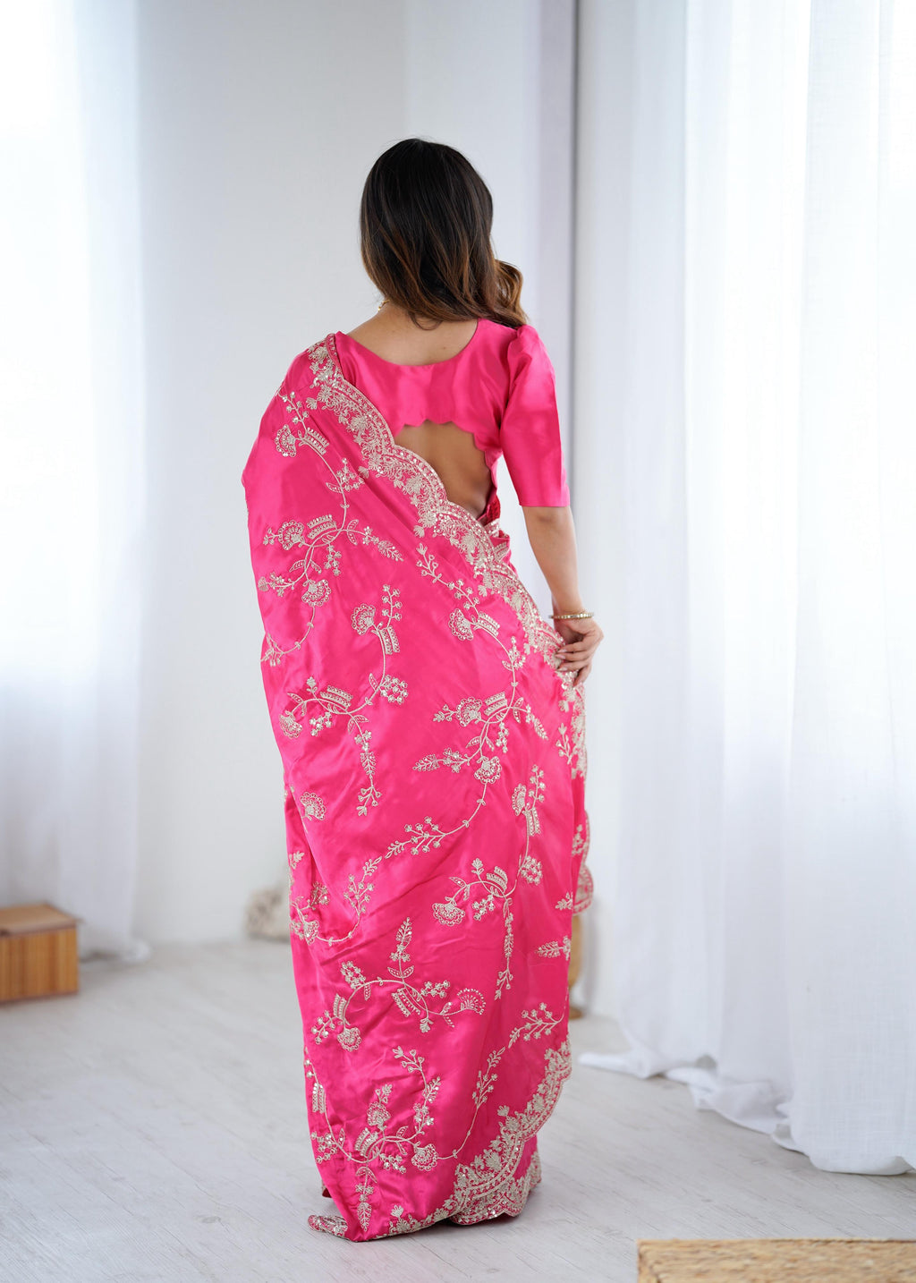 Designer Japan Satin Silk Saree with Sequins Coding Embroidery Work ✨