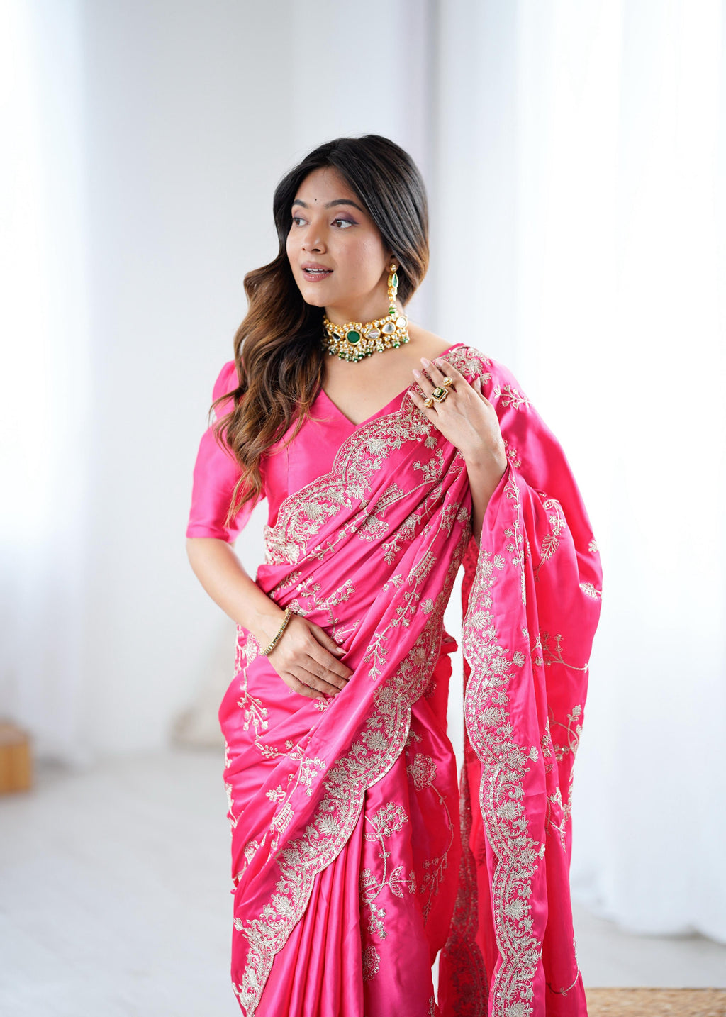 Designer Japan Satin Silk Saree with Sequins Coding Embroidery Work ✨