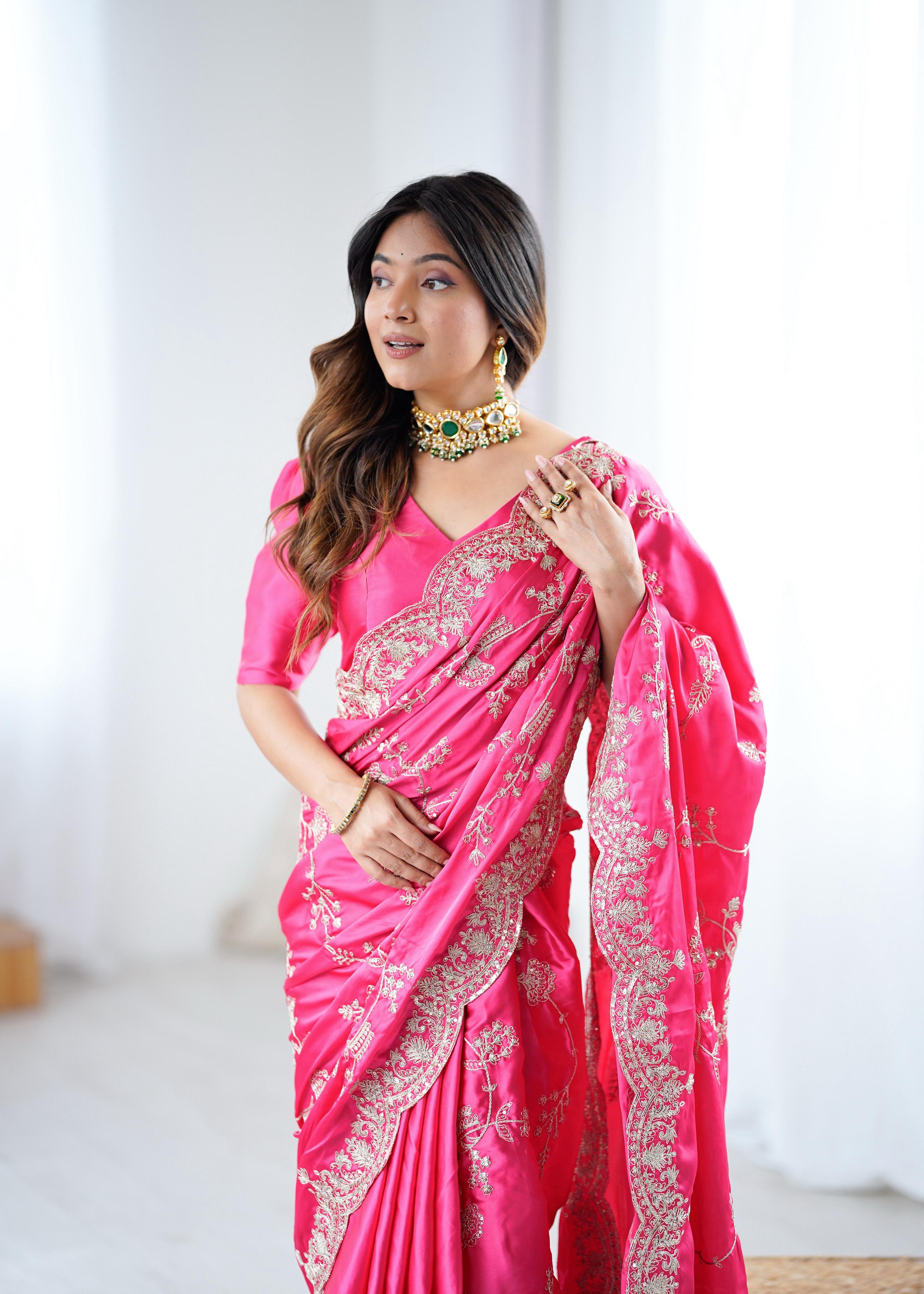 Designer Japan Satin Silk Saree with Sequins Coding Embroidery Work ✨