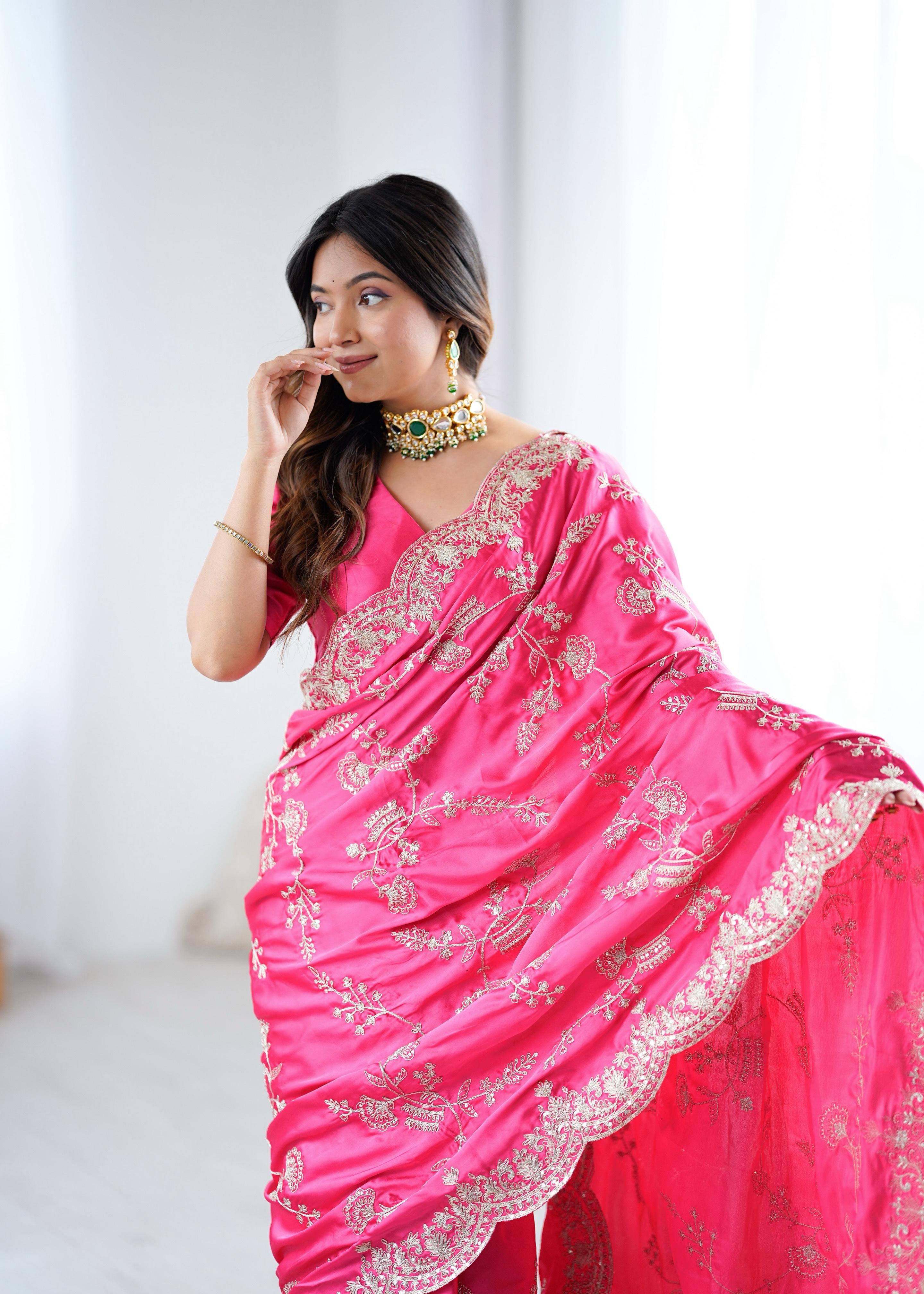 Designer Japan Satin Silk Saree with Sequins Coding Embroidery Work ✨