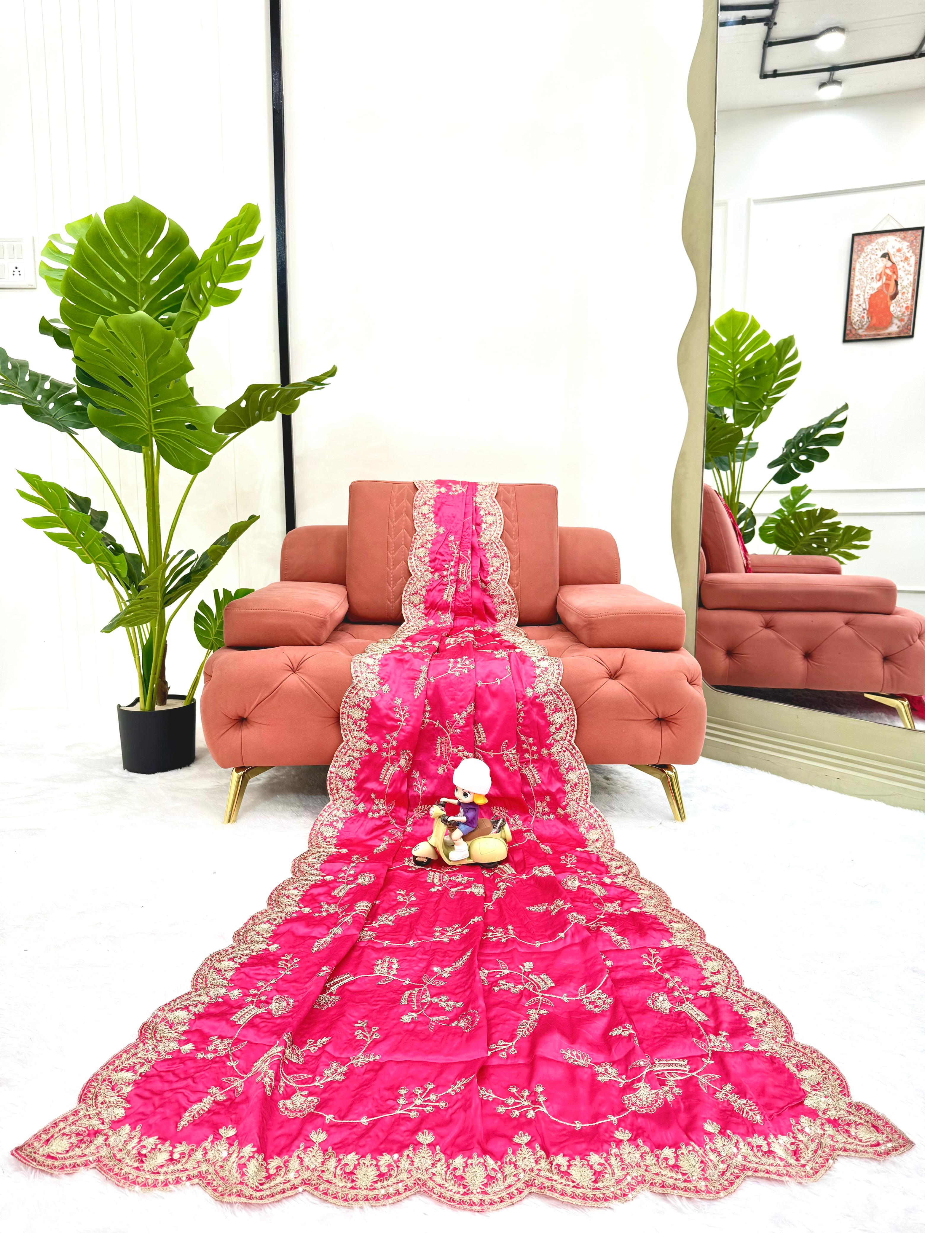 Designer Japan Satin Silk Saree with Sequins Coding Embroidery Work ✨