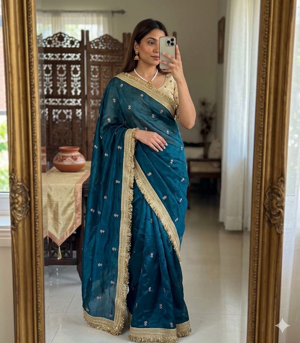 Premium Space Silk Saree with Multi-Sequin Full Work & Contrast Designer Blouse ✨