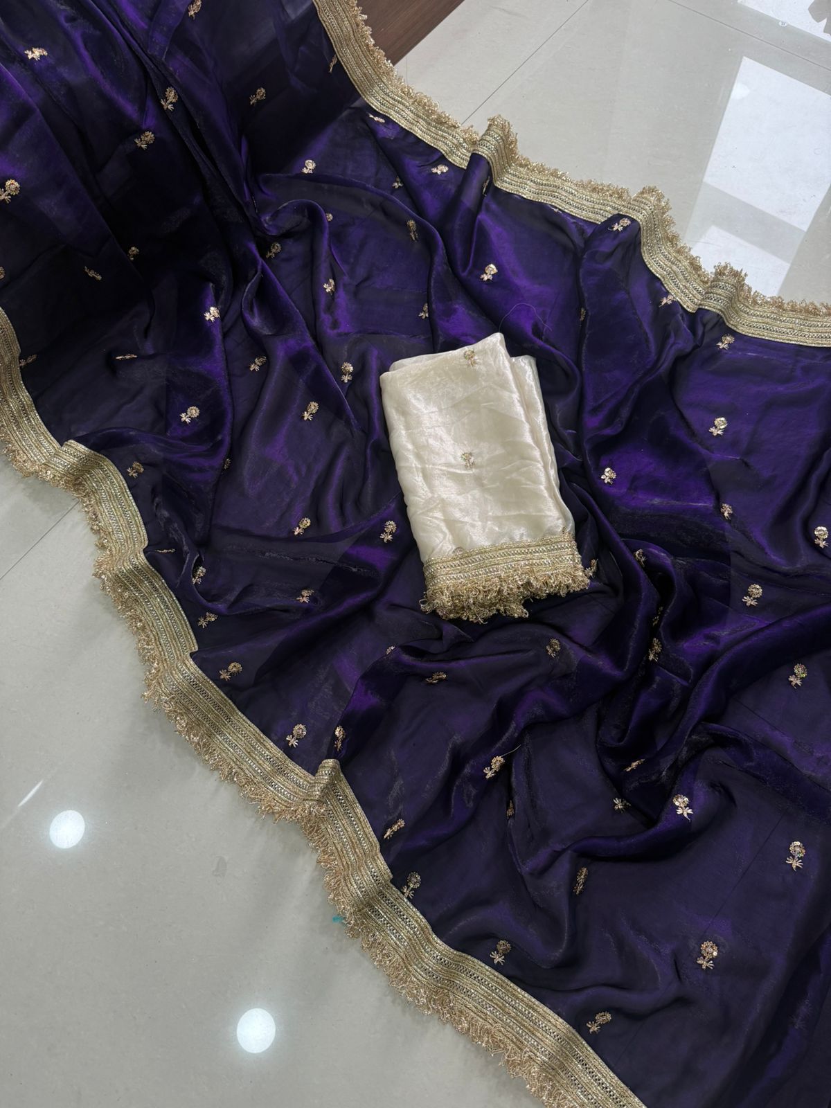 Premium Space Silk Saree with Multi-Sequin Full Work & Contrast Designer Blouse ✨