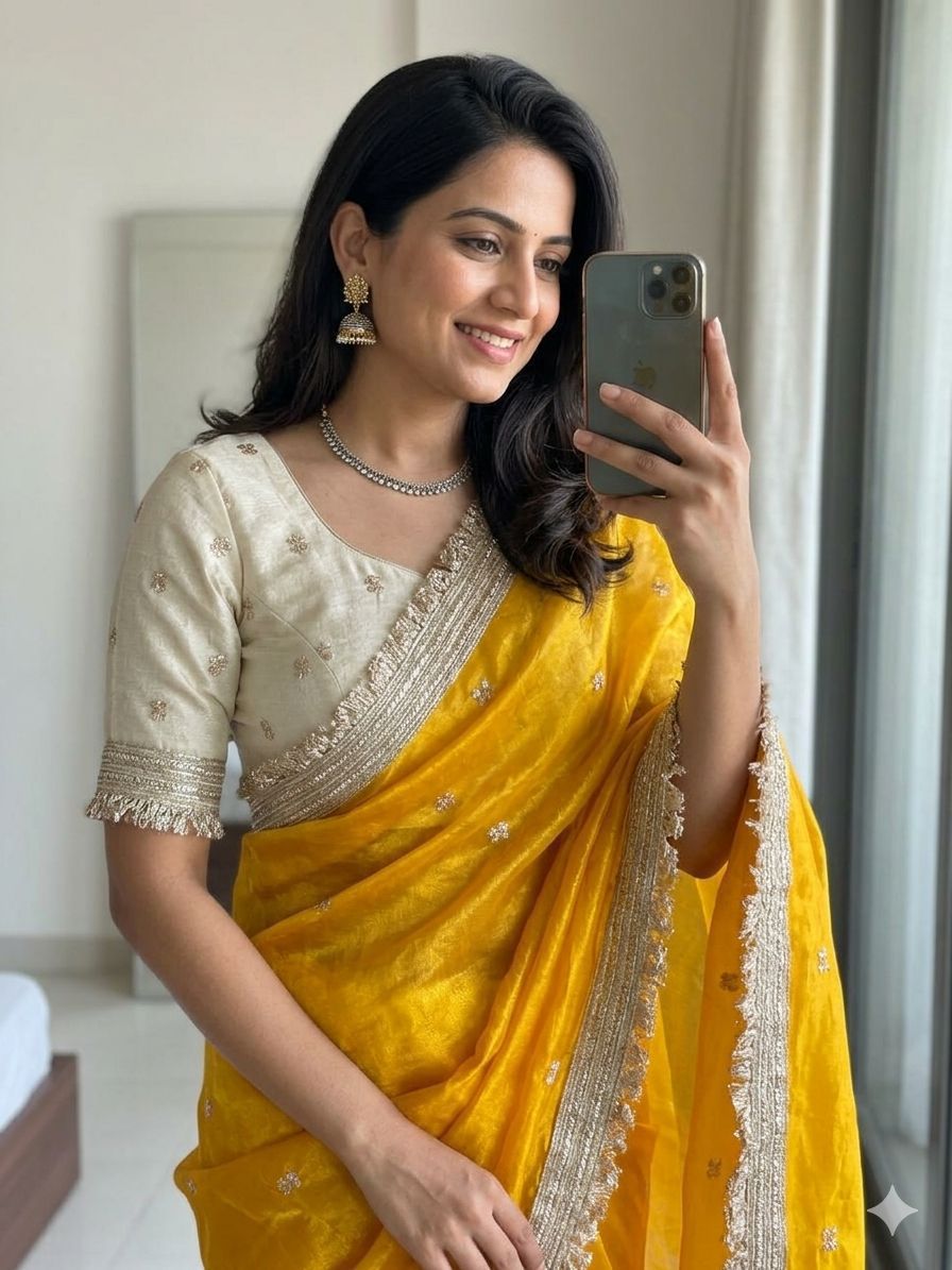 Premium Space Silk Saree with Multi-Sequin Full Work & Contrast Designer Blouse ✨