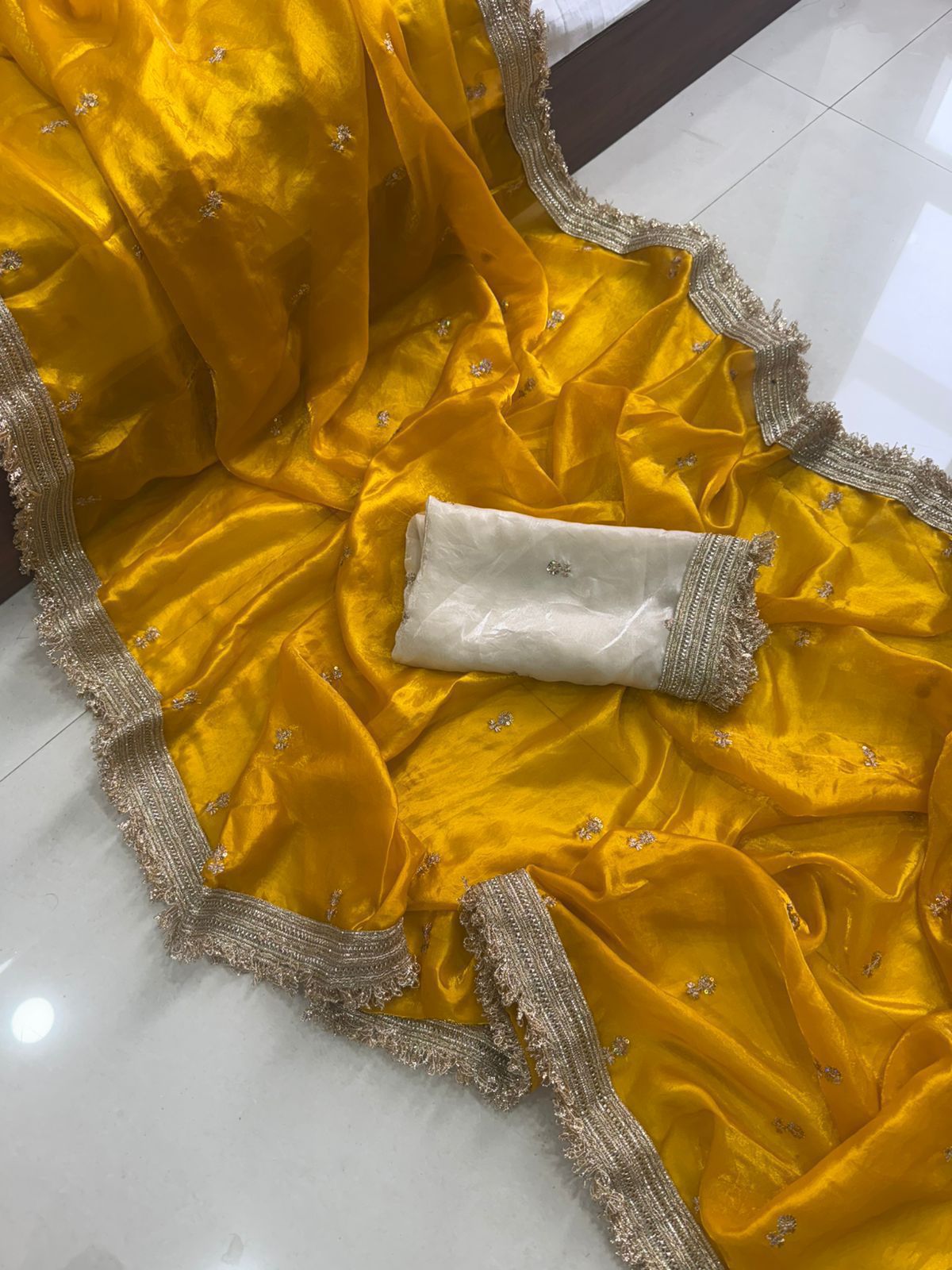 Premium Space Silk Saree with Multi-Sequin Full Work & Contrast Designer Blouse ✨