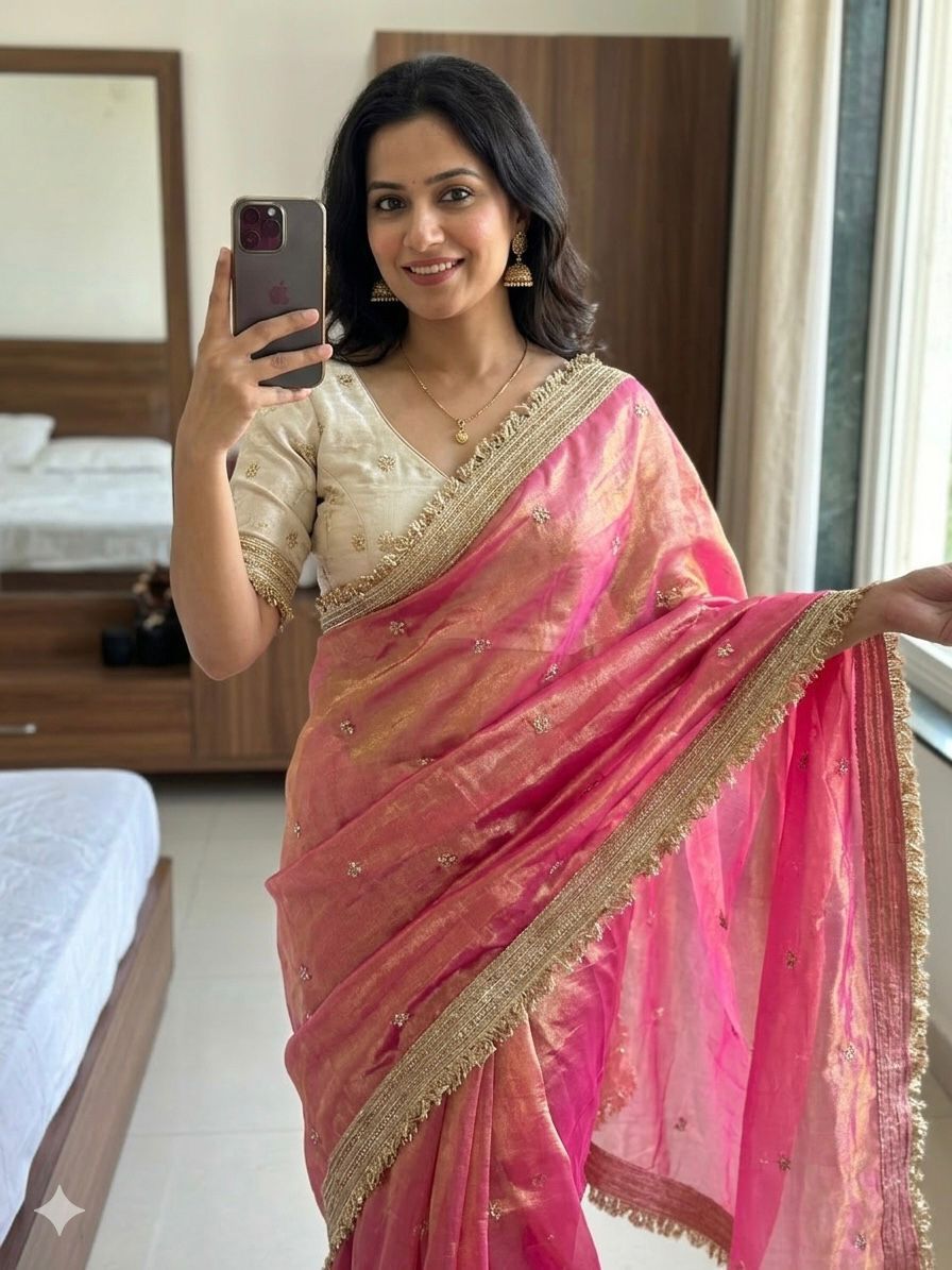Premium Space Silk Saree with Multi-Sequin Full Work & Contrast Designer Blouse ✨