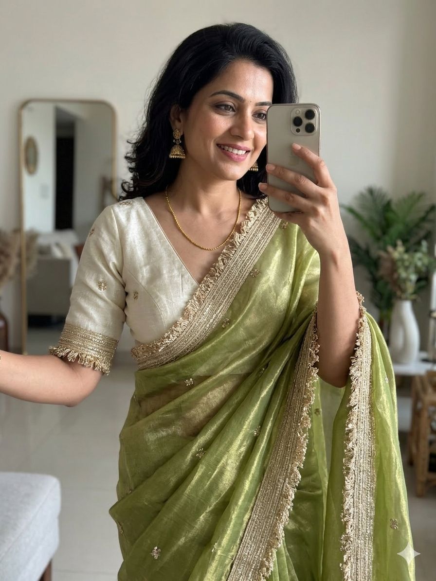 Premium Space Silk Saree with Multi-Sequin Full Work & Contrast Designer Blouse ✨
