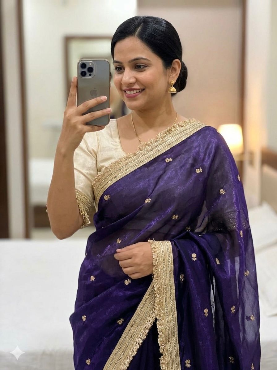 Premium Space Silk Saree with Multi-Sequin Full Work & Contrast Designer Blouse ✨