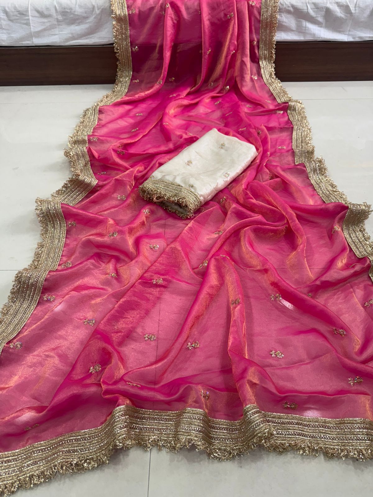 Premium Space Silk Saree with Multi-Sequin Full Work & Contrast Designer Blouse ✨