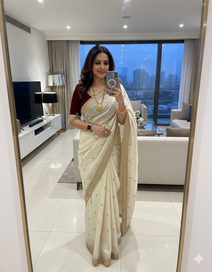 Premium Space Silk Saree with Multi-Sequin Full Work & Contrast Designer Blouse ✨