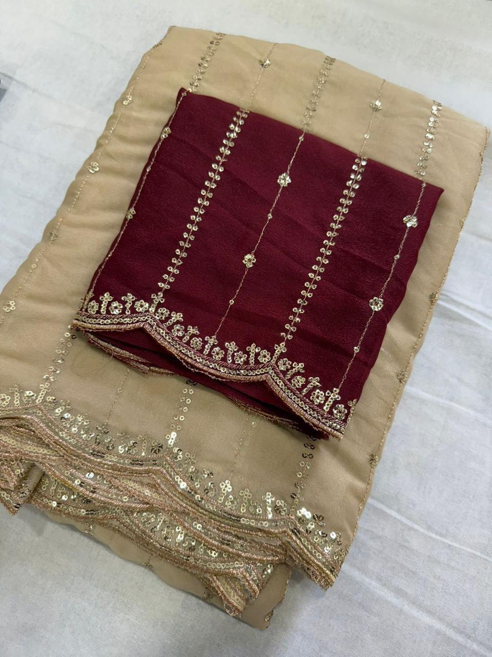 Premium Star Georgette Saree with Sequin Embroidery Work & Contrast Running Blouse ✨