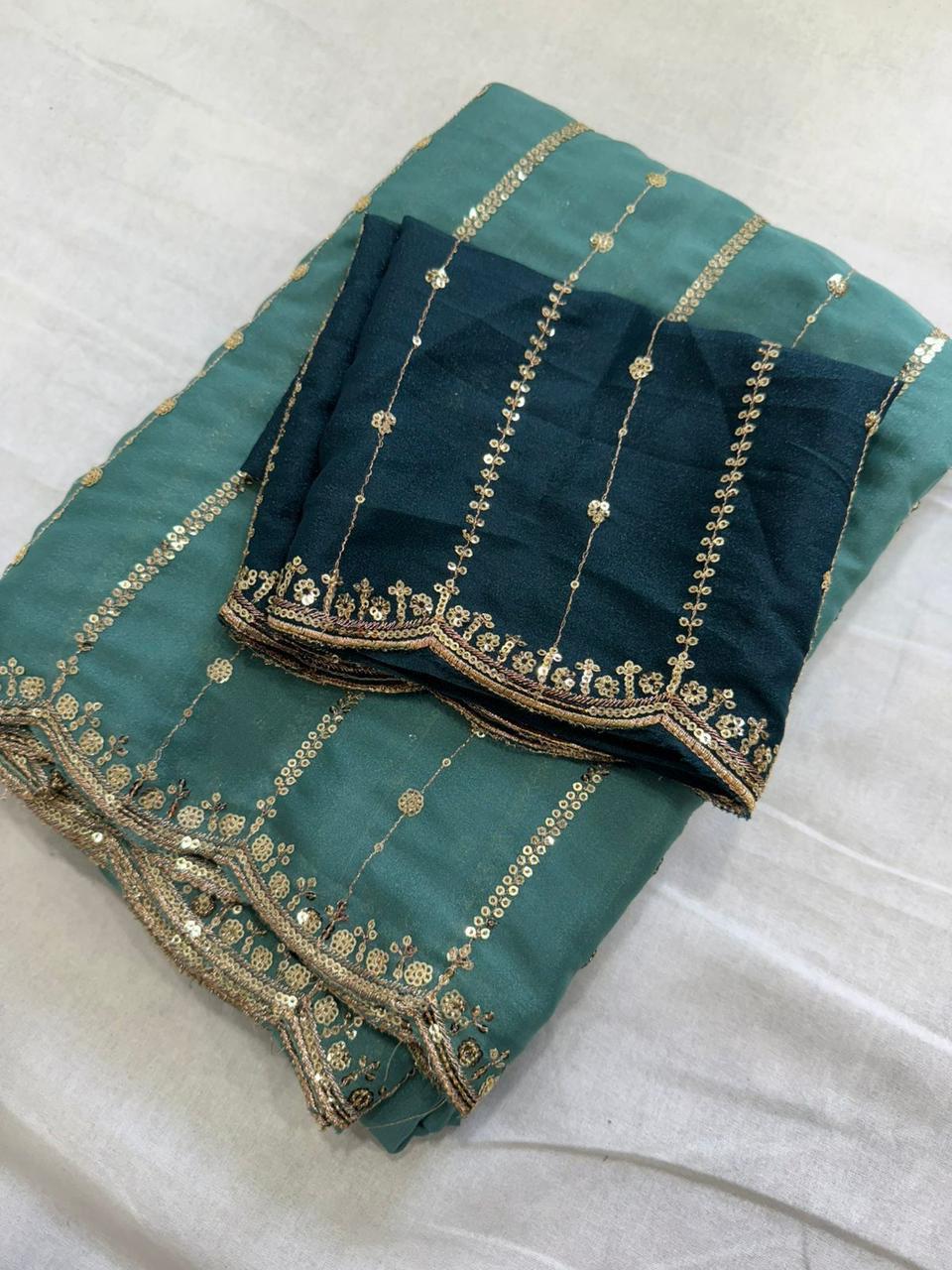 Premium Star Georgette Saree with Sequin Embroidery Work & Contrast Running Blouse ✨