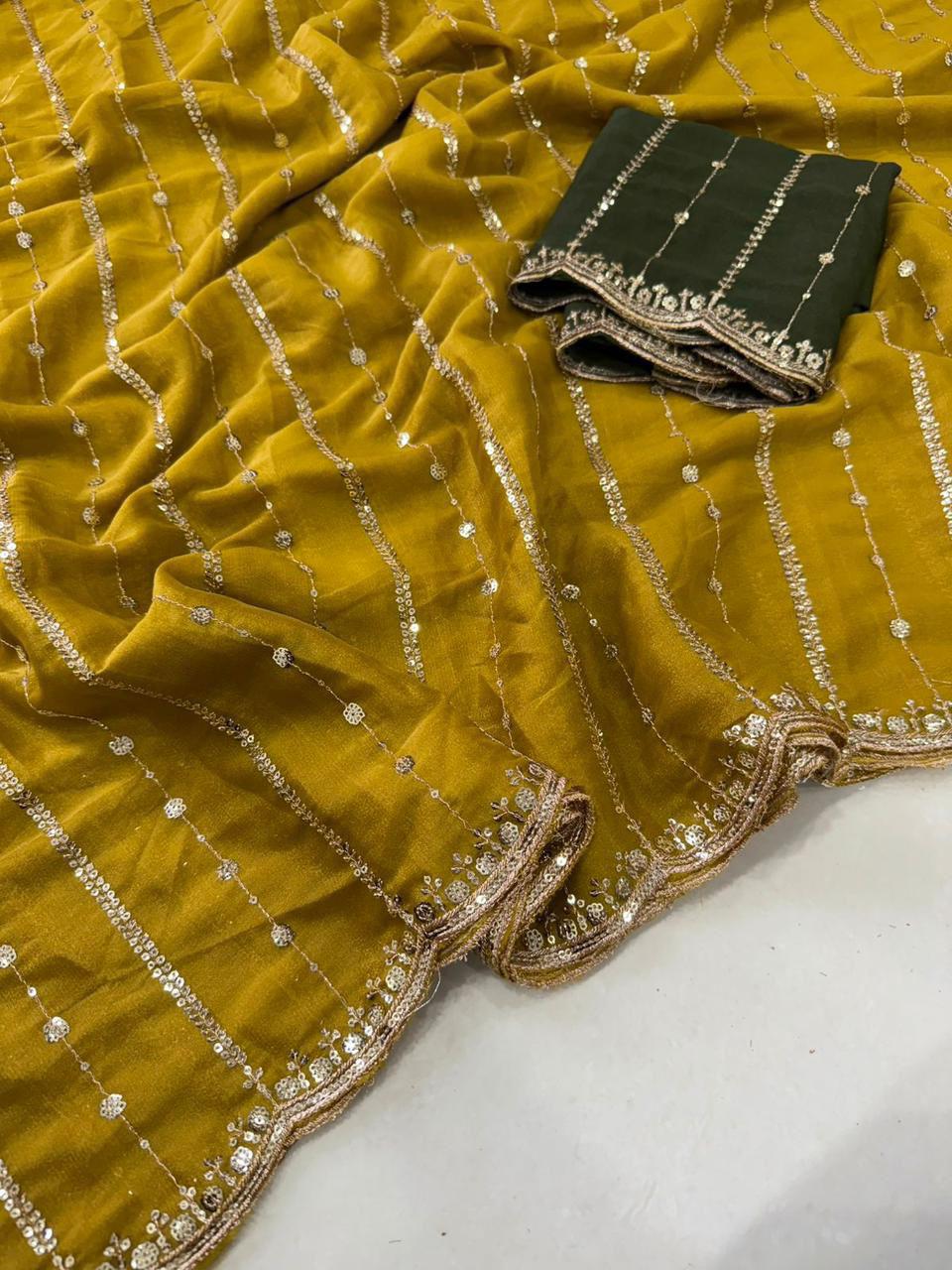 Premium Star Georgette Saree with Sequin Embroidery Work & Contrast Running Blouse ✨
