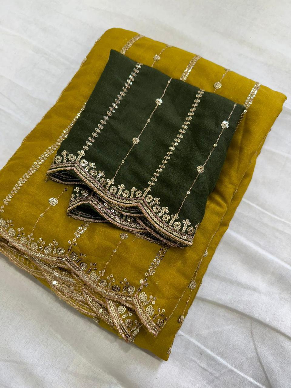 Premium Star Georgette Saree with Sequin Embroidery Work & Contrast Running Blouse ✨