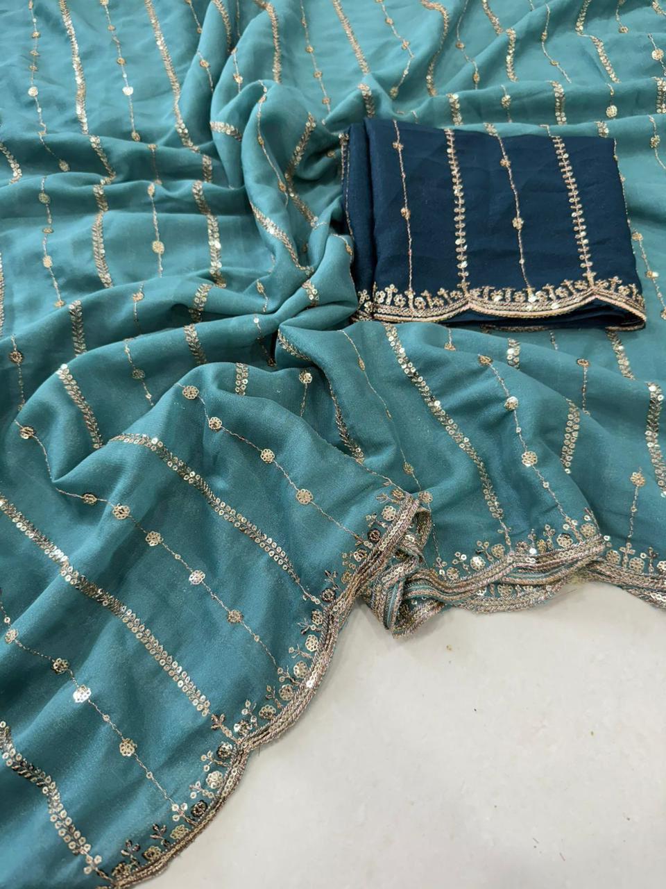 Premium Star Georgette Saree with Sequin Embroidery Work & Contrast Running Blouse ✨