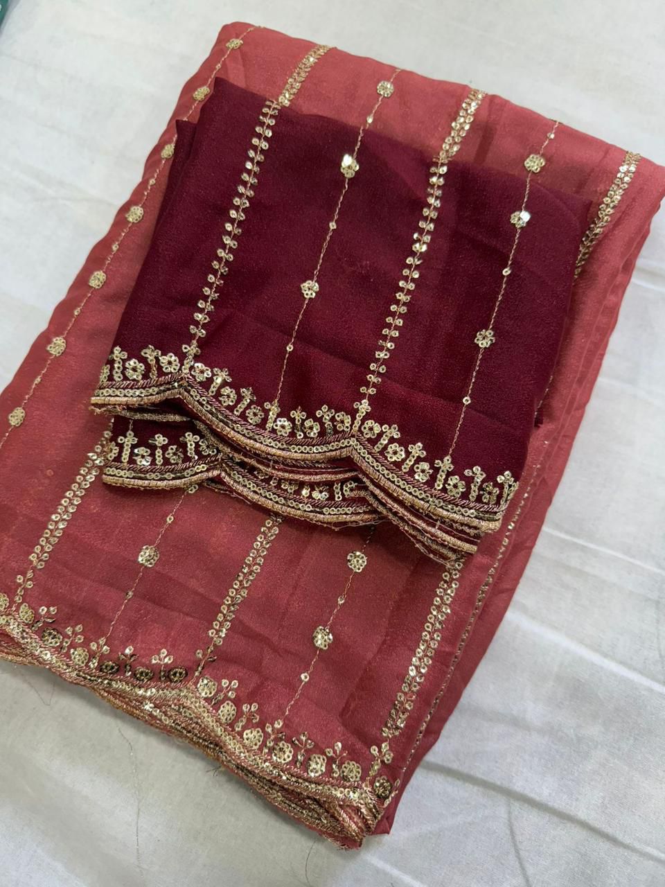 Premium Star Georgette Saree with Sequin Embroidery Work & Contrast Running Blouse ✨