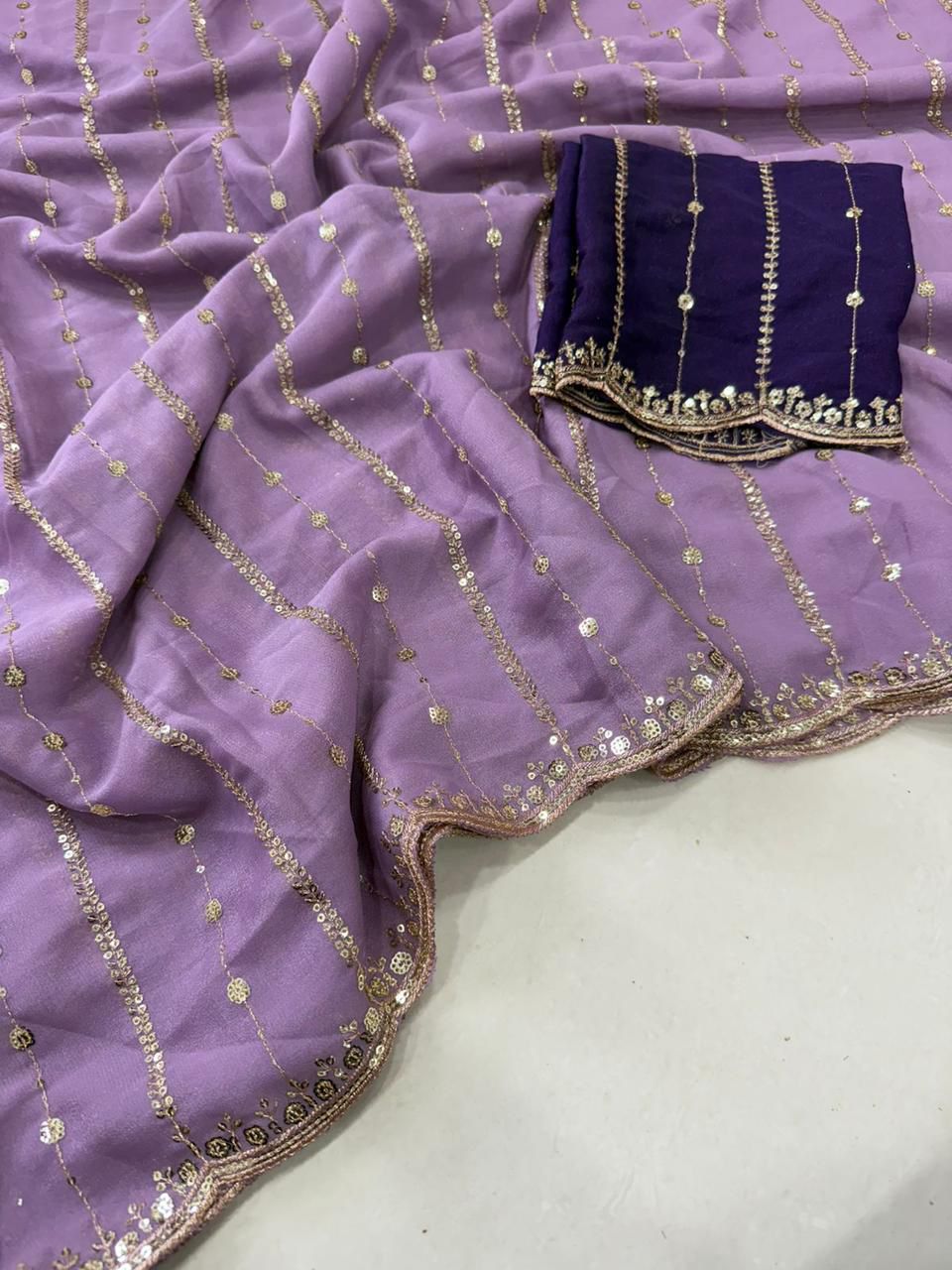 Premium Star Georgette Saree with Sequin Embroidery Work & Contrast Running Blouse ✨