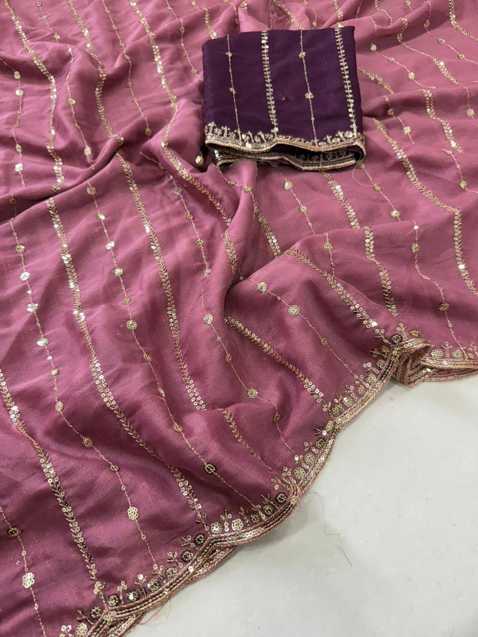 Premium Star Georgette Saree with Sequin Embroidery Work & Contrast Running Blouse ✨