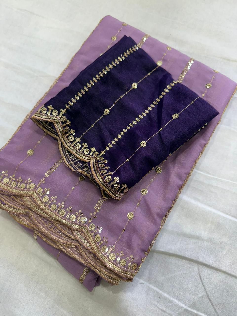 Premium Star Georgette Saree with Sequin Embroidery Work & Contrast Running Blouse ✨