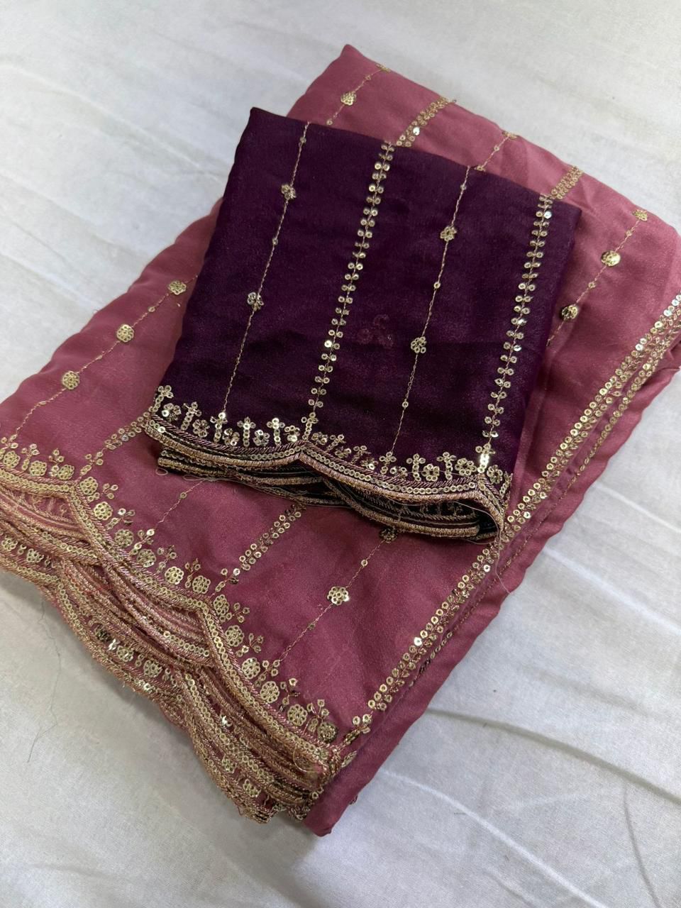 Premium Star Georgette Saree with Sequin Embroidery Work & Contrast Running Blouse ✨