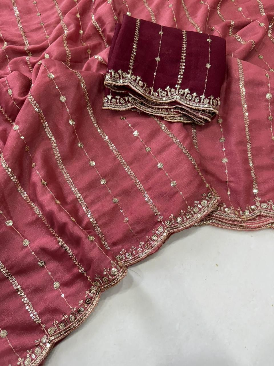 Premium Star Georgette Saree with Sequin Embroidery Work & Contrast Running Blouse ✨