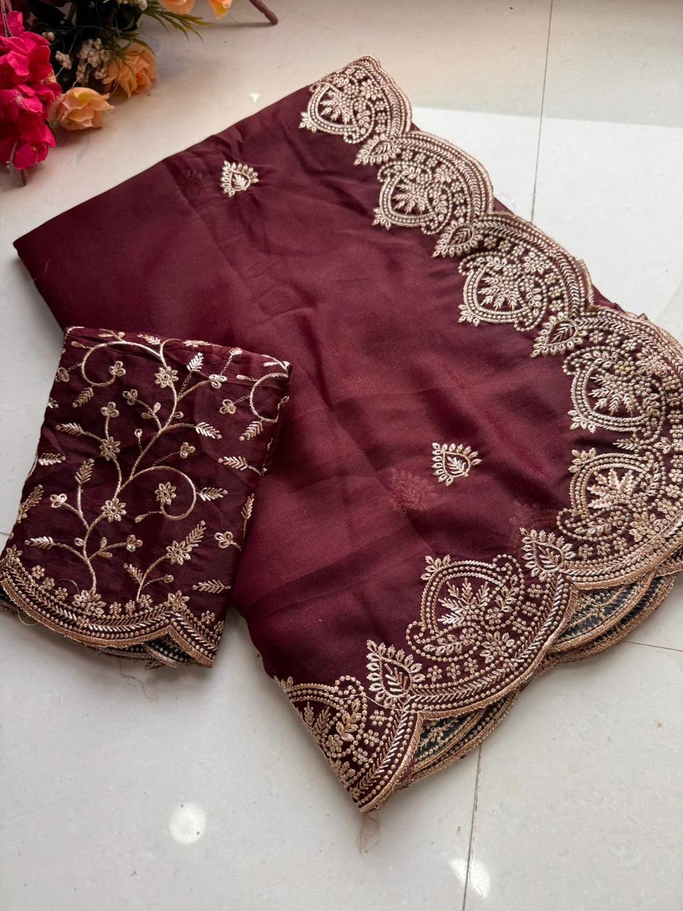 New Arrival Star Georgette Saree with Multi Embroidery Work & Running Blouse ✨