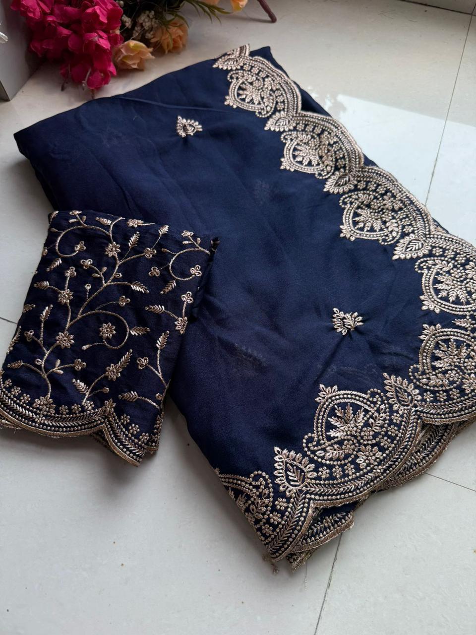 New Arrival Star Georgette Saree with Multi Embroidery Work & Running Blouse ✨