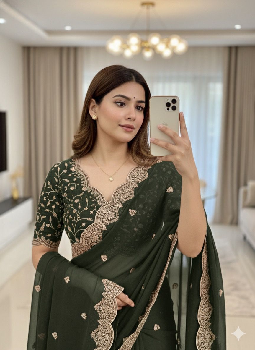 New Arrival Star Georgette Saree with Multi Embroidery Work & Running Blouse ✨