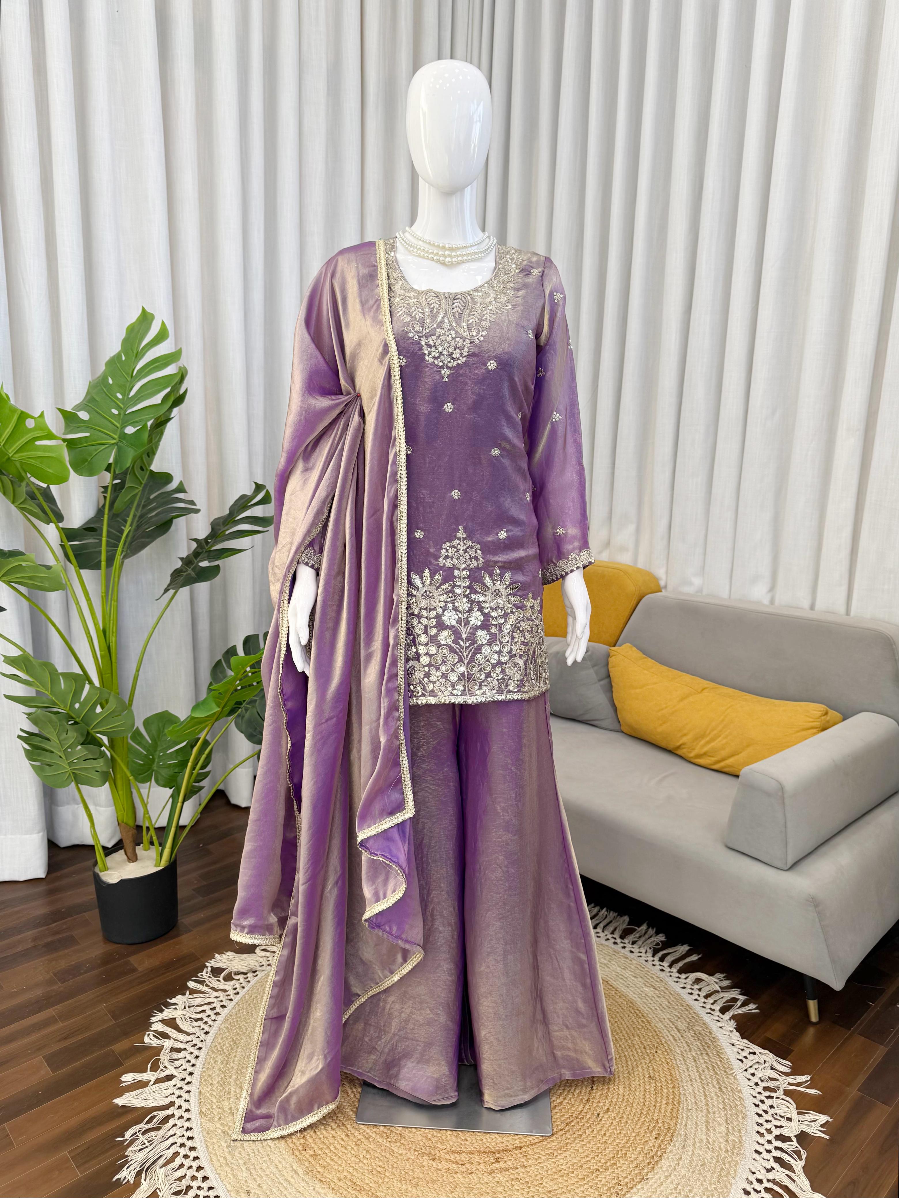 Premium Fendy Silk Kurta Plazo Set with Sequins Work & Designer Dupatta ✨