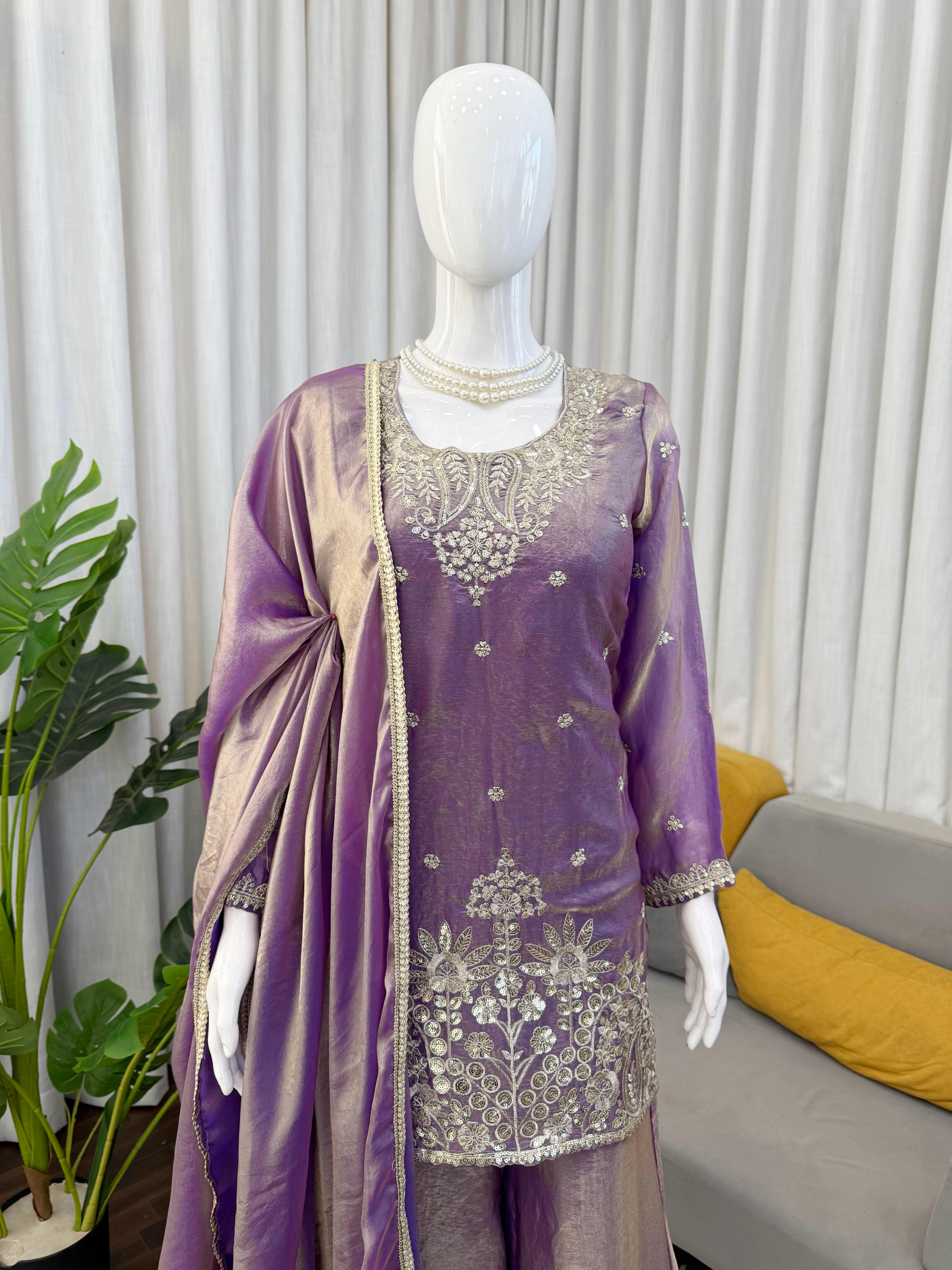 Premium Fendy Silk Kurta Plazo Set with Sequins Work & Designer Dupatta ✨