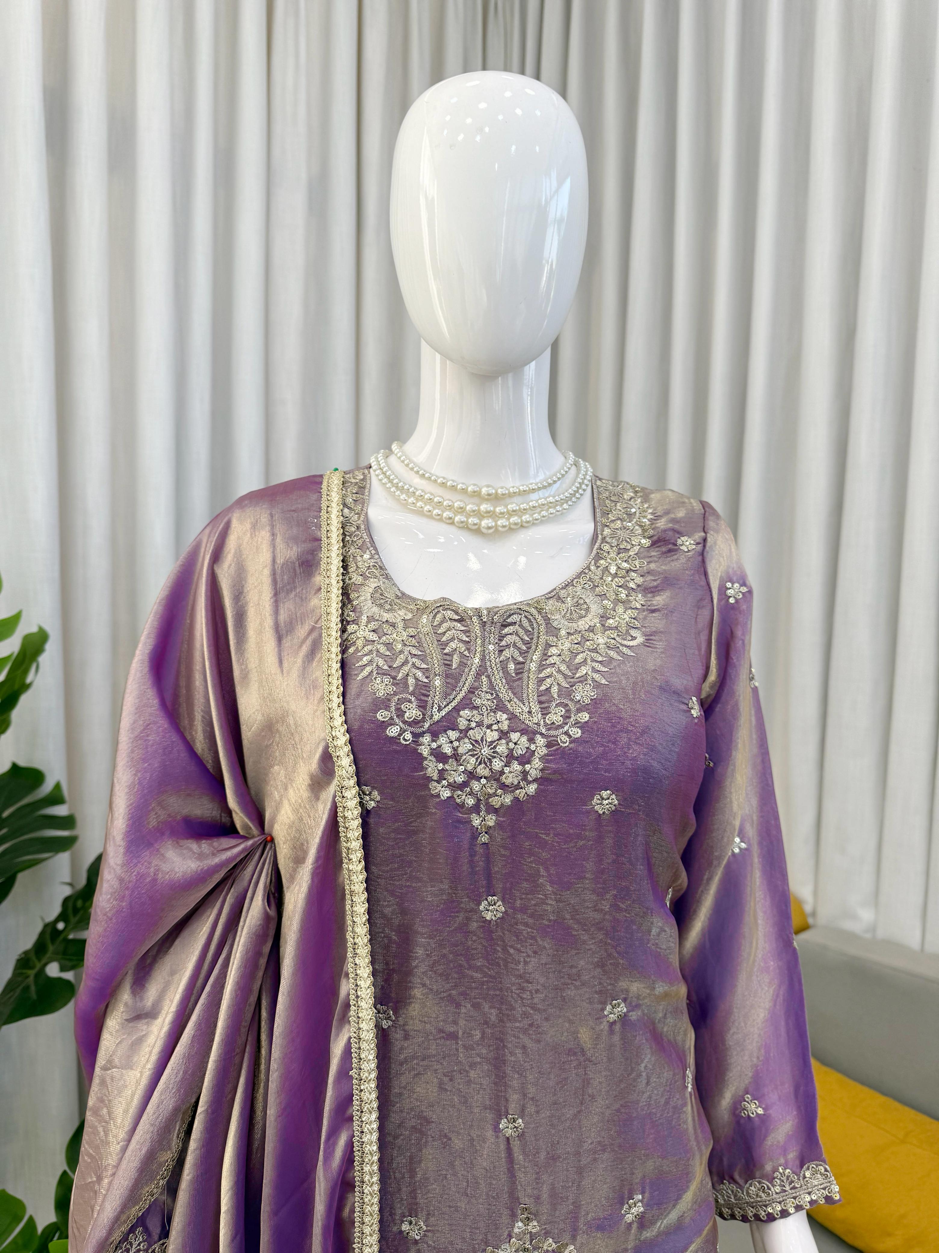 Premium Fendy Silk Kurta Plazo Set with Sequins Work & Designer Dupatta ✨