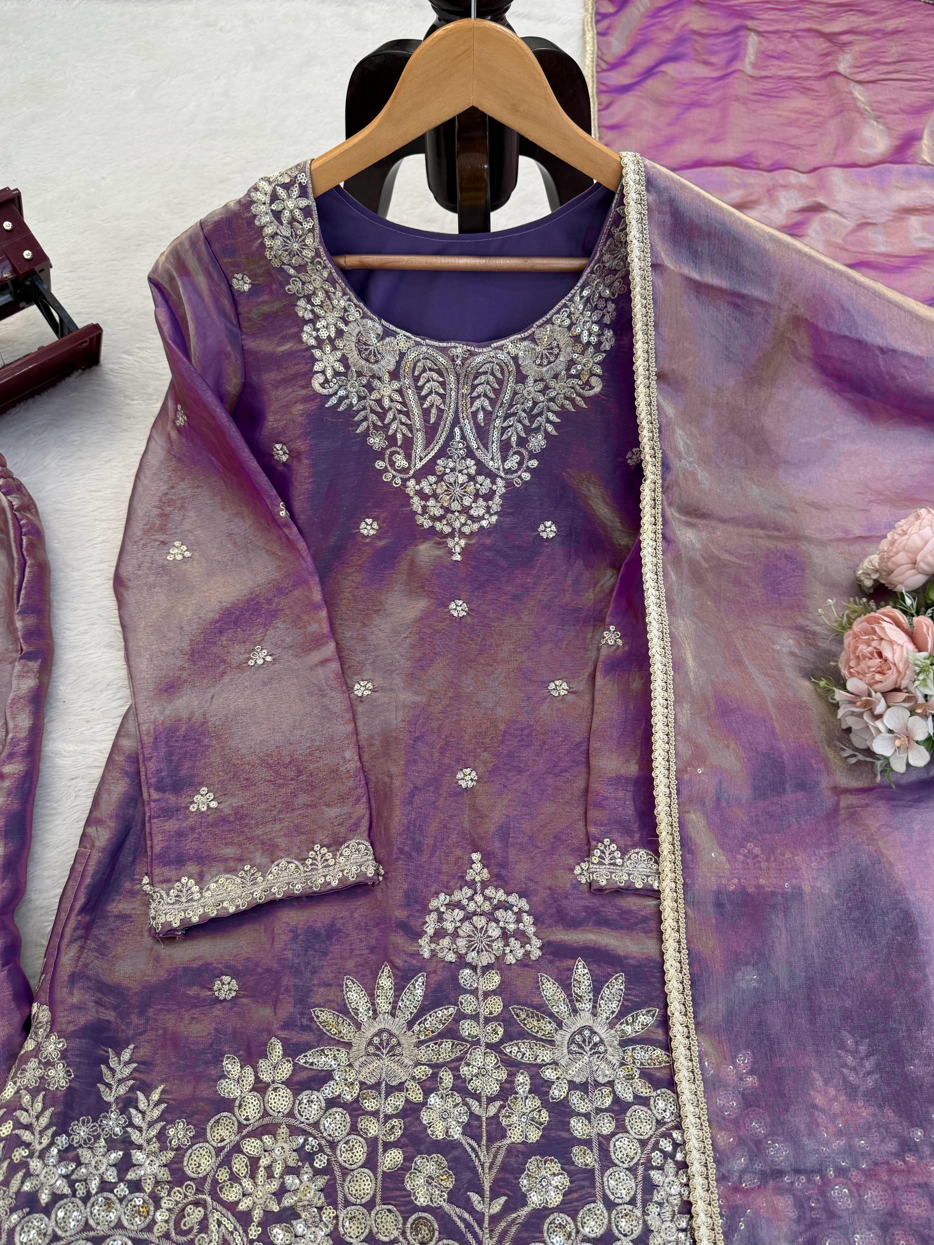 Premium Fendy Silk Kurta Plazo Set with Sequins Work & Designer Dupatta ✨