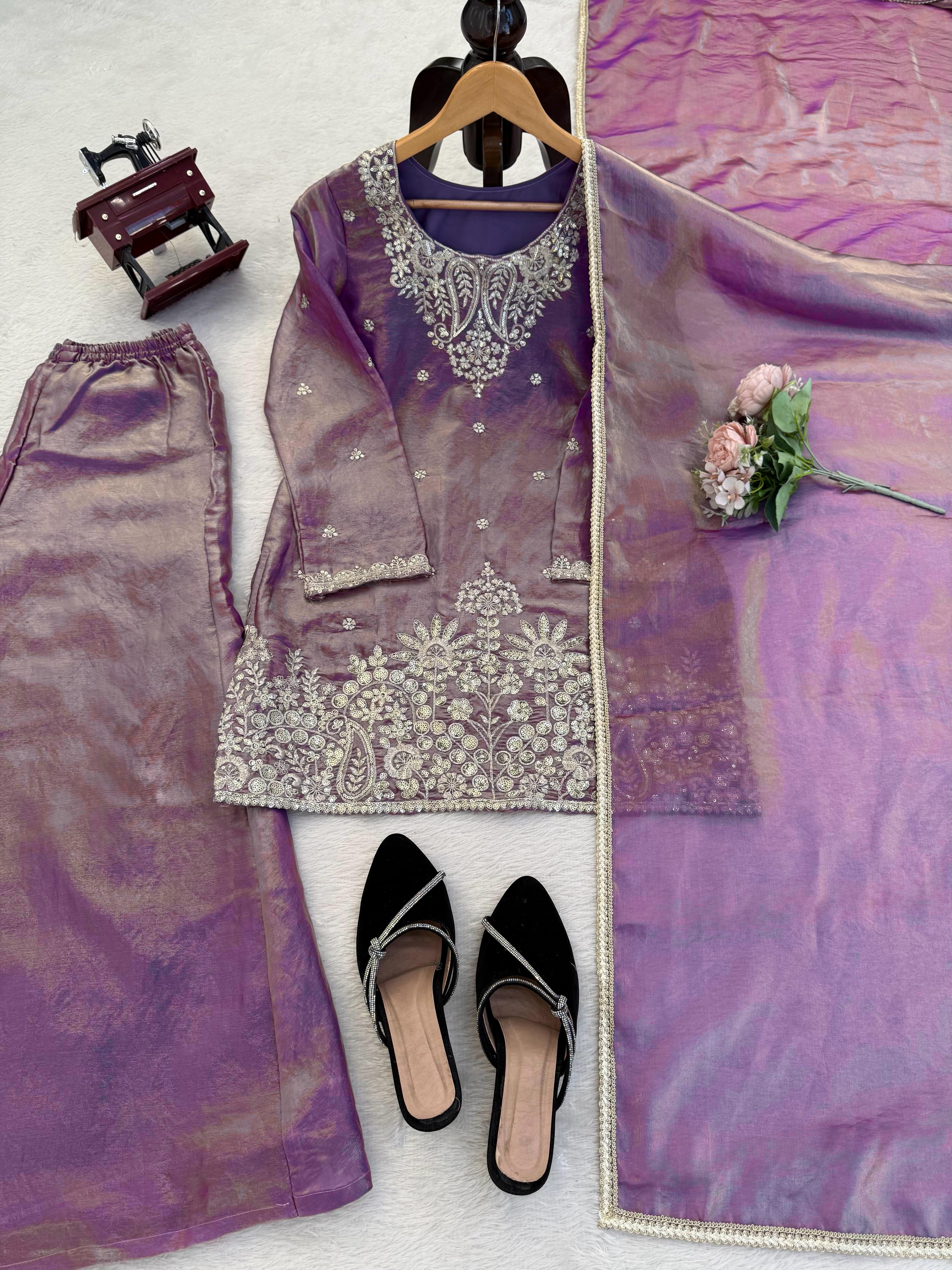 Premium Fendy Silk Kurta Plazo Set with Sequins Work & Designer Dupatta ✨