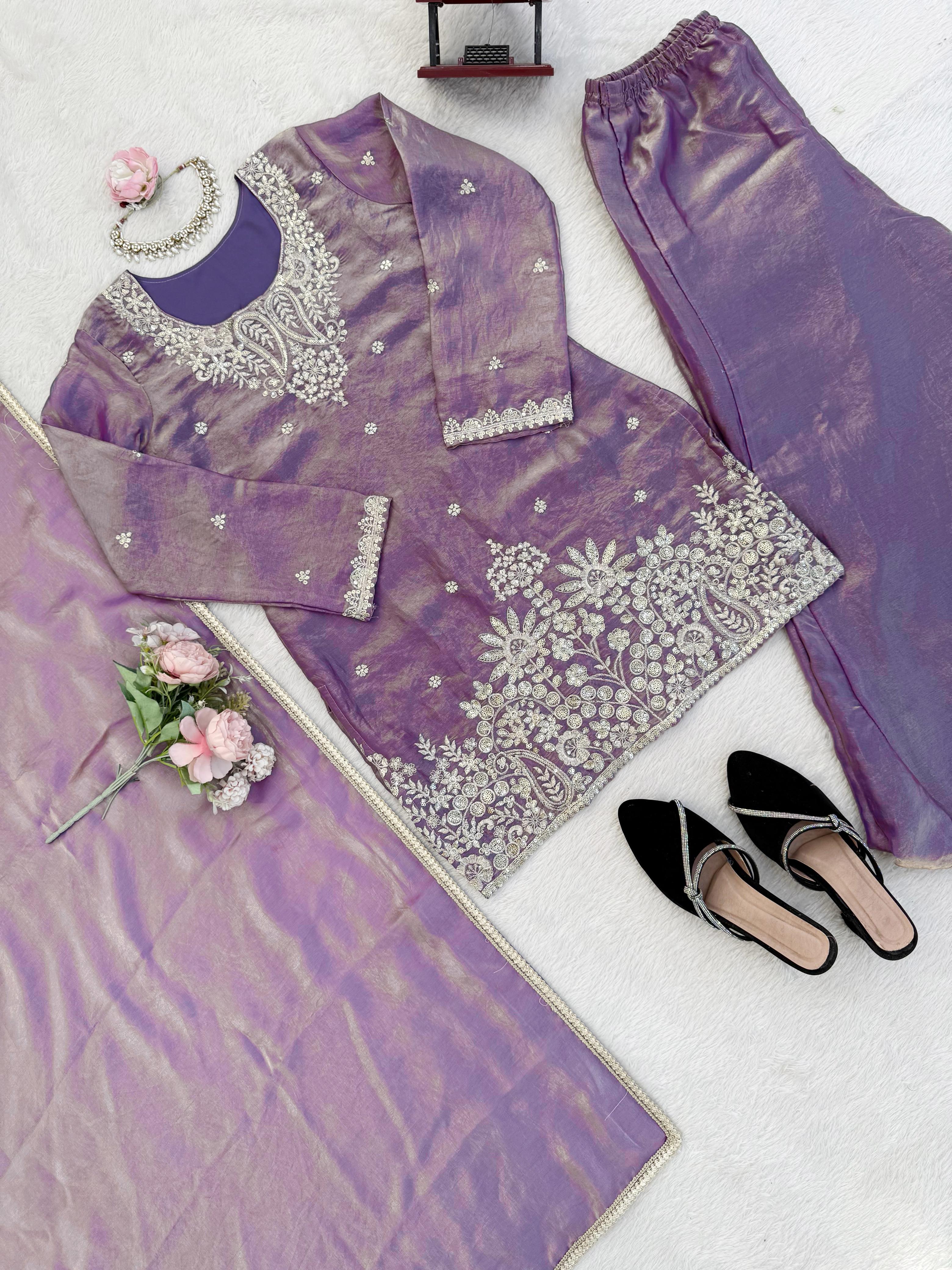 Premium Fendy Silk Kurta Plazo Set with Sequins Work & Designer Dupatta ✨