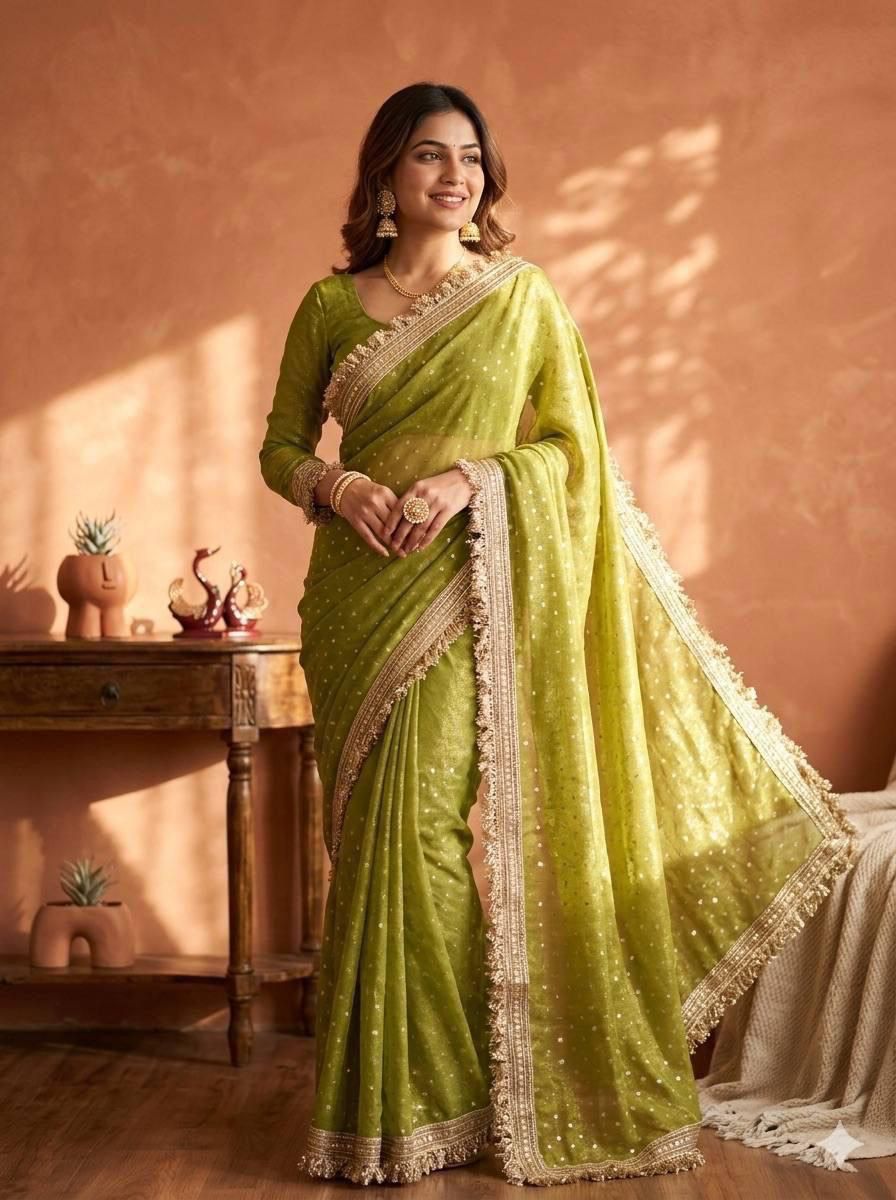 Premium NC Moss Satin Saree with Maharani Big Border & Running Blouse ✨