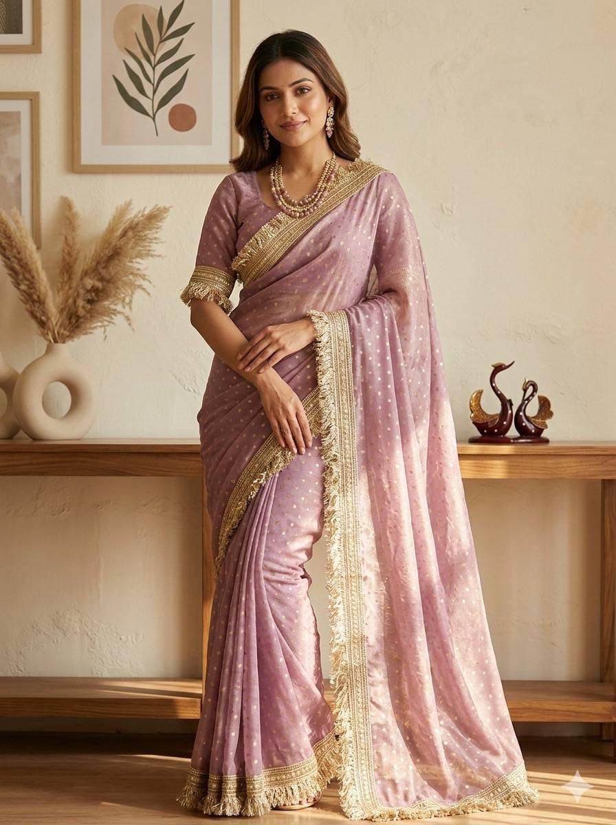 Premium NC Moss Satin Saree with Maharani Big Border & Running Blouse ✨