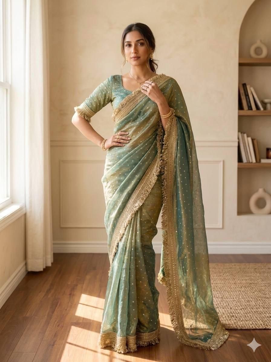Premium NC Moss Satin Saree with Maharani Big Border & Running Blouse ✨