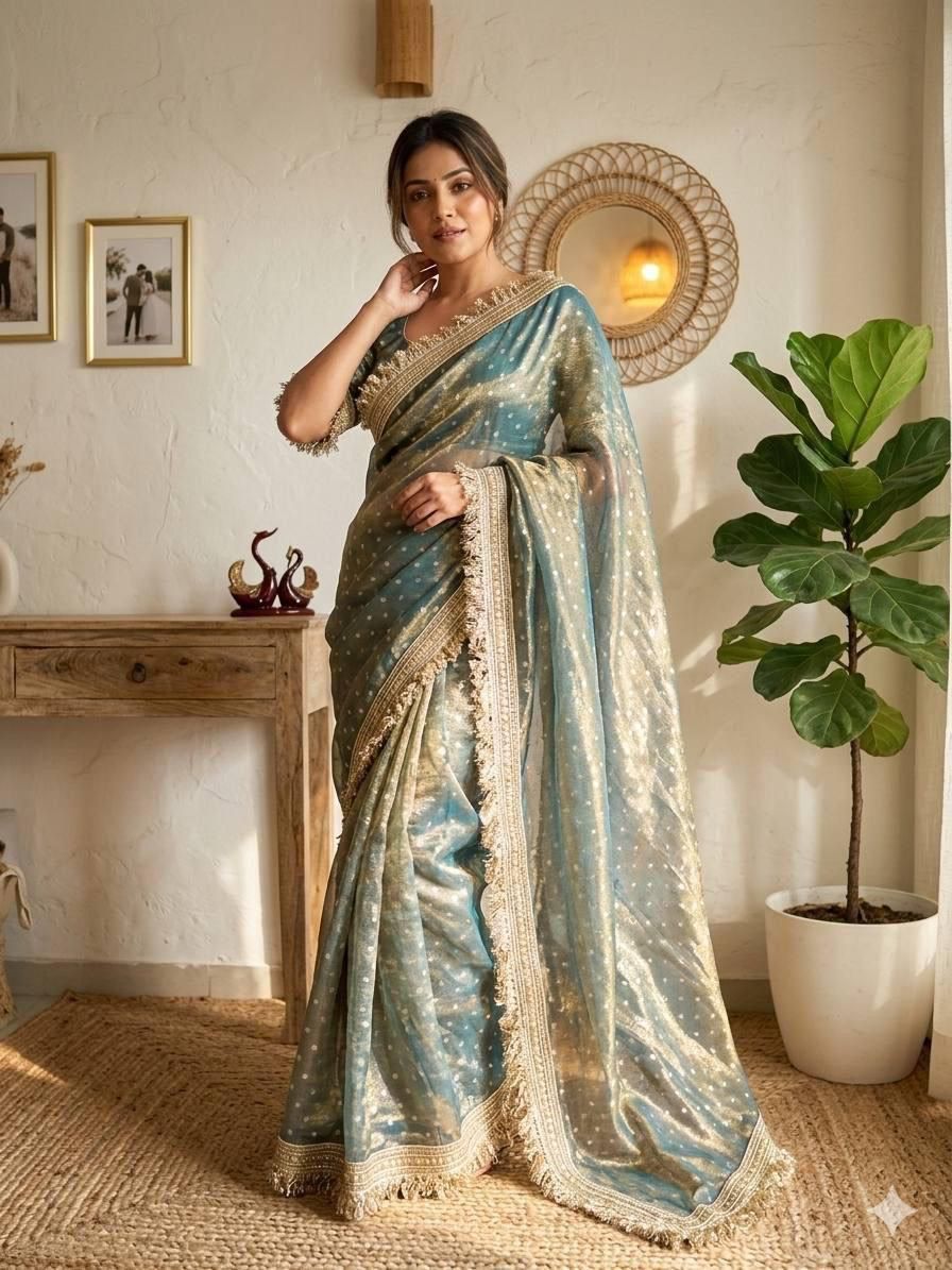 Premium NC Moss Satin Saree with Maharani Big Border & Running Blouse ✨