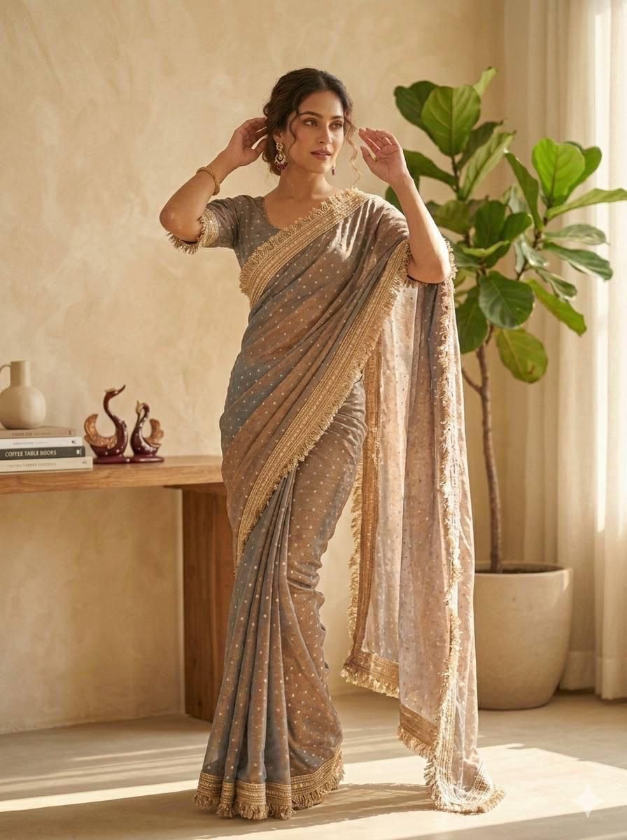 Premium NC Moss Satin Saree with Maharani Big Border & Running Blouse ✨