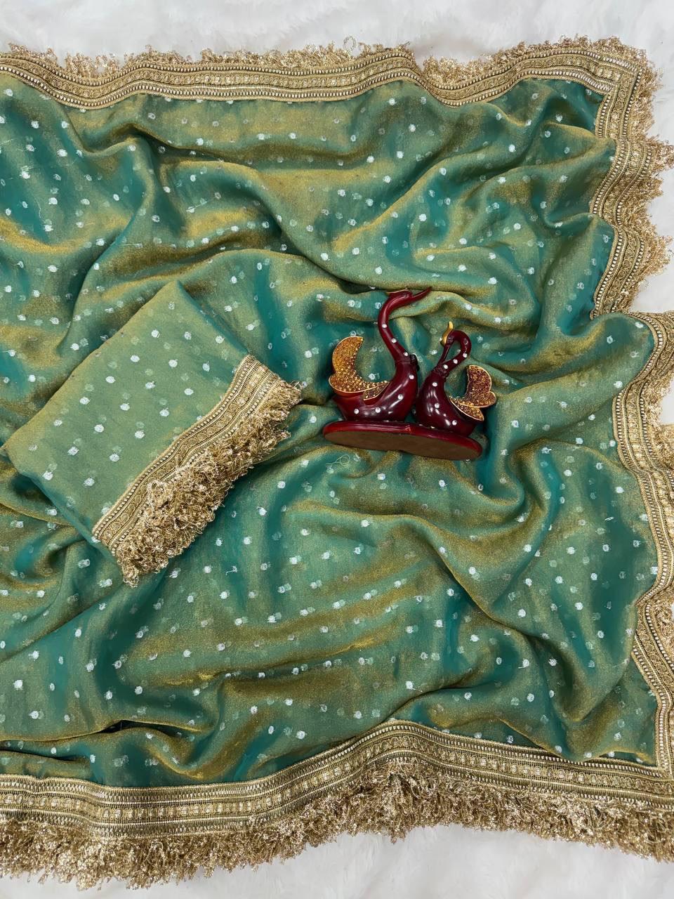 Premium NC Moss Satin Saree with Maharani Big Border & Running Blouse ✨