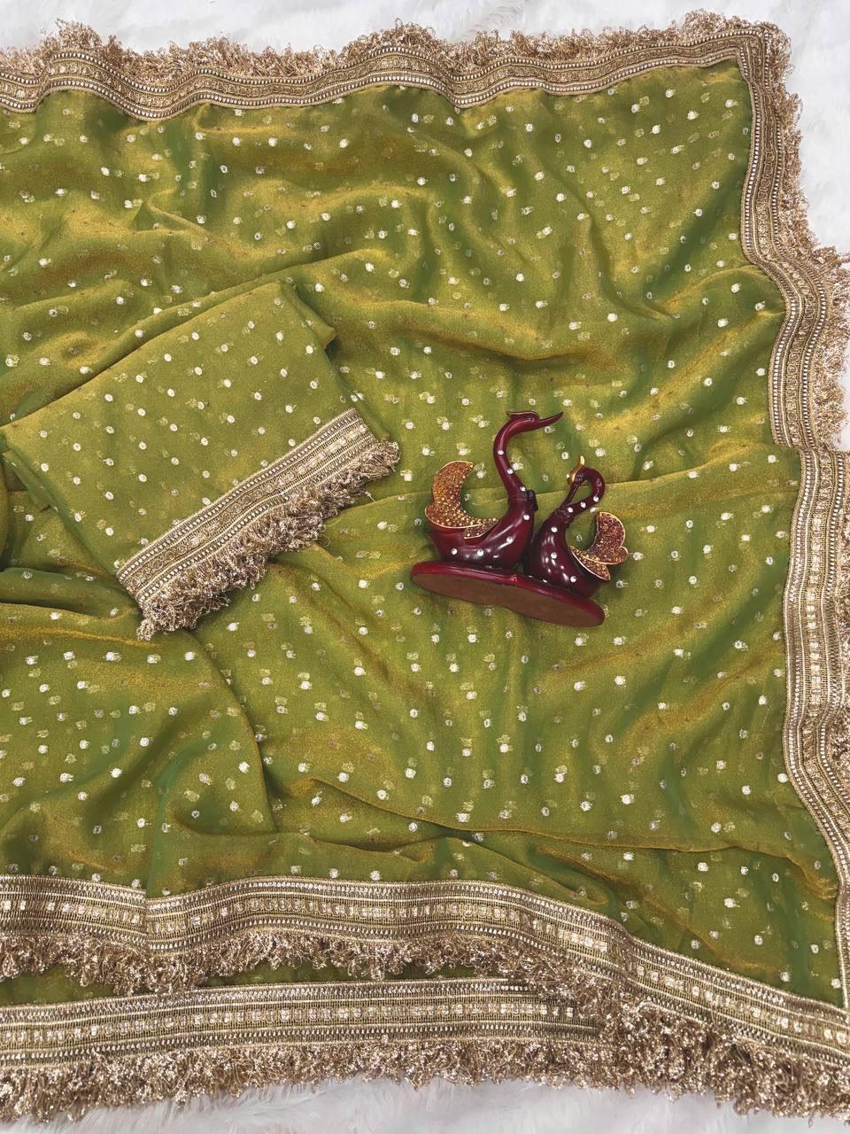 Premium NC Moss Satin Saree with Maharani Big Border & Running Blouse ✨