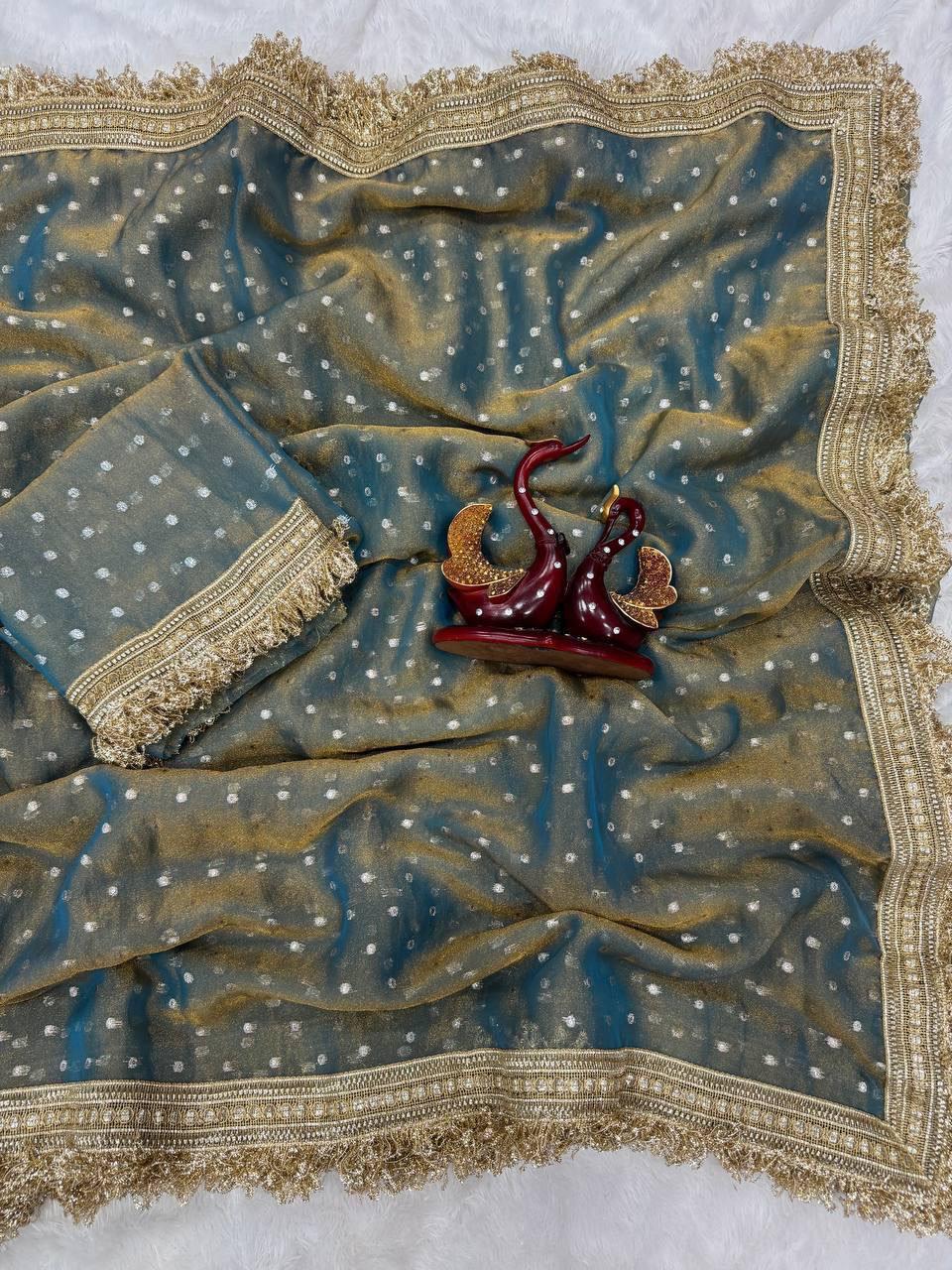 Premium NC Moss Satin Saree with Maharani Big Border & Running Blouse ✨
