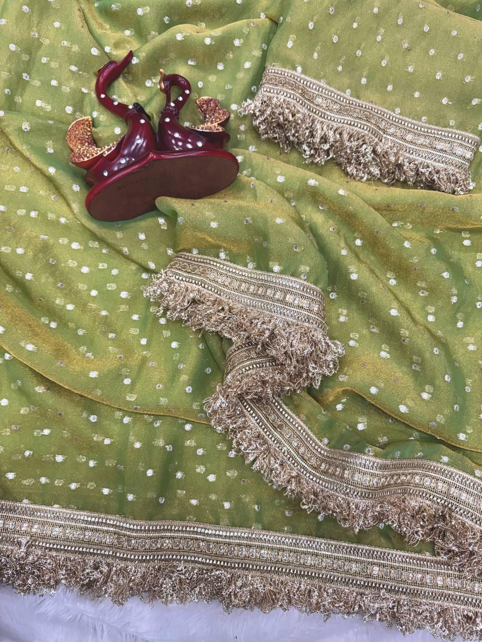 Premium NC Moss Satin Saree with Maharani Big Border & Running Blouse ✨