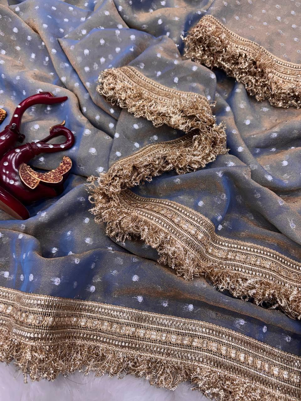 Premium NC Moss Satin Saree with Maharani Big Border & Running Blouse ✨